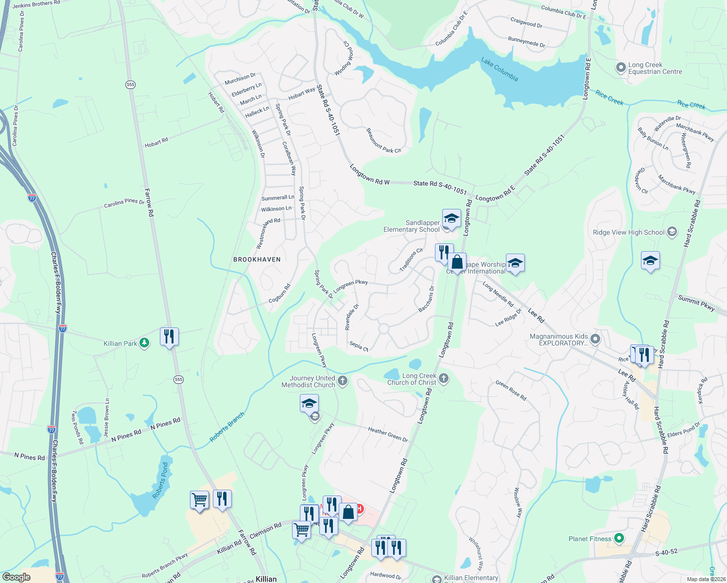 map of restaurants, bars, coffee shops, grocery stores, and more near 6 Blue Springs Ct in Blythewood