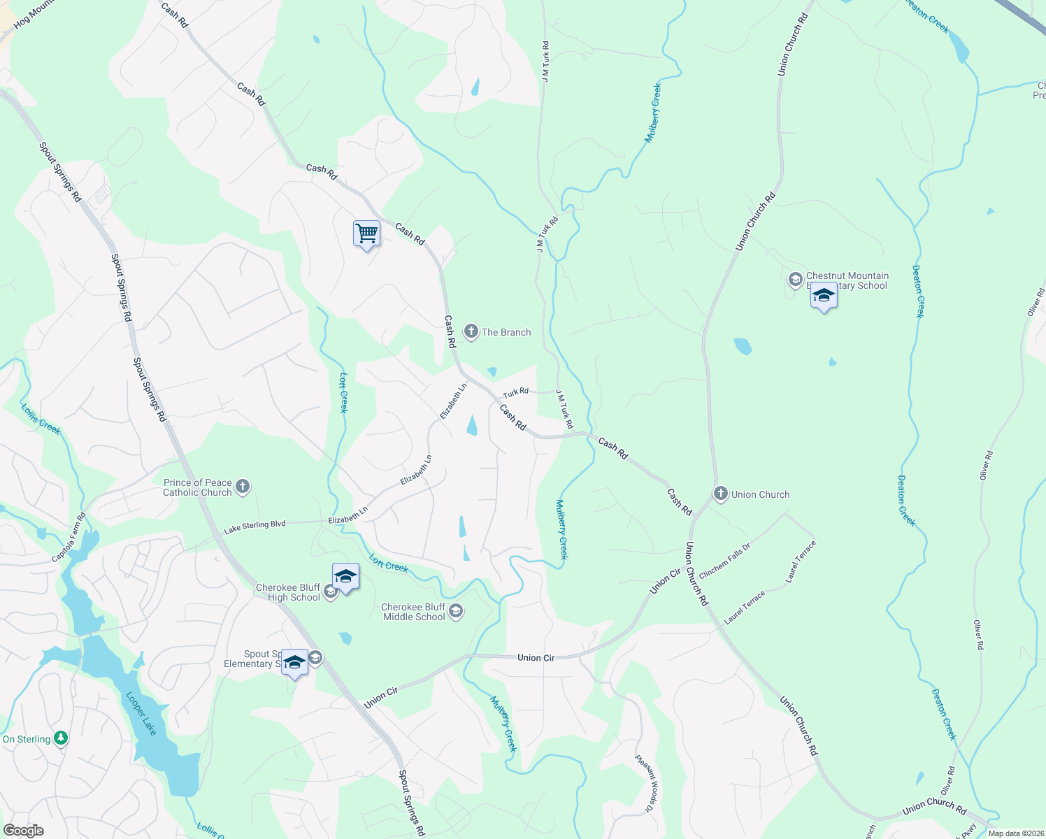 map of restaurants, bars, coffee shops, grocery stores, and more near 5181 Cash Road in Flowery Branch