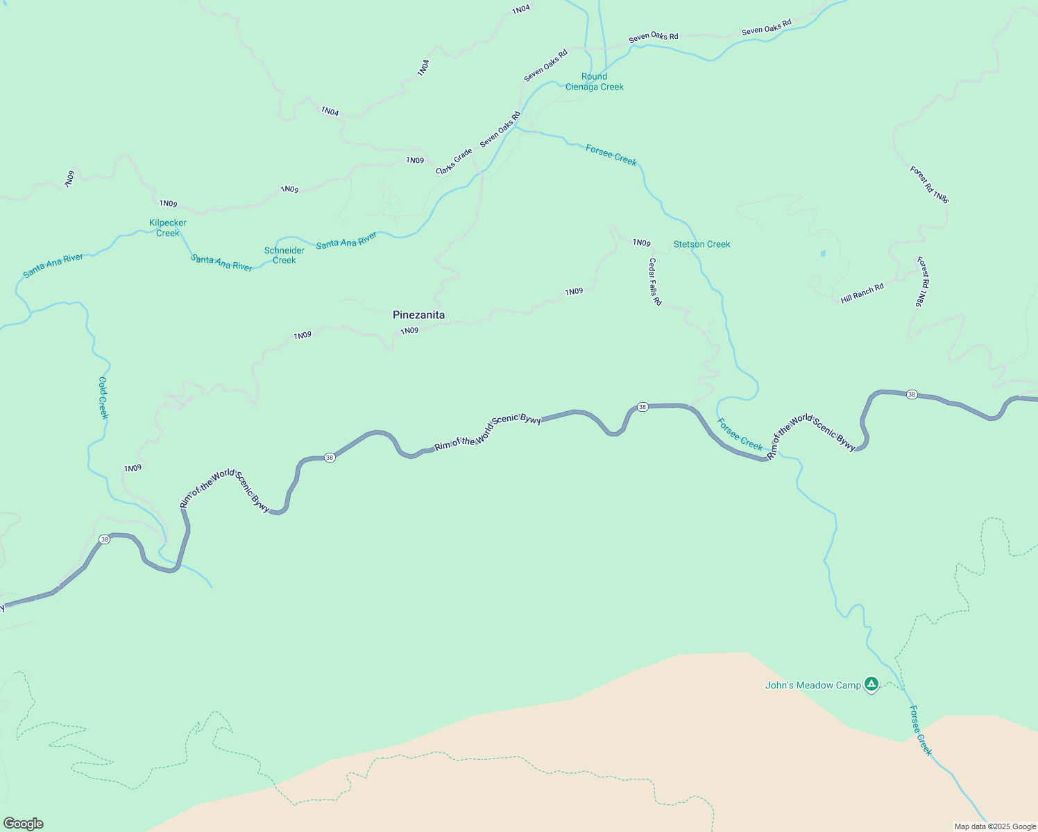 map of restaurants, bars, coffee shops, grocery stores, and more near California 38 in San Bernardino County