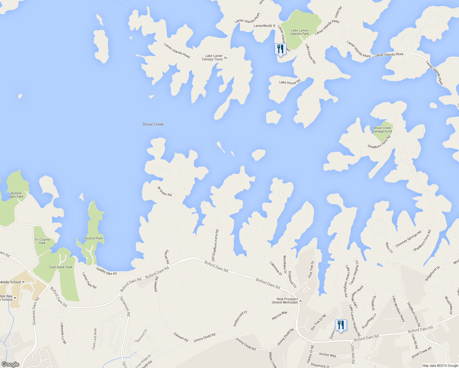 map of restaurants, bars, coffee shops, grocery stores, and more near 6518 Old Shadburn Ferry Rd in Buford