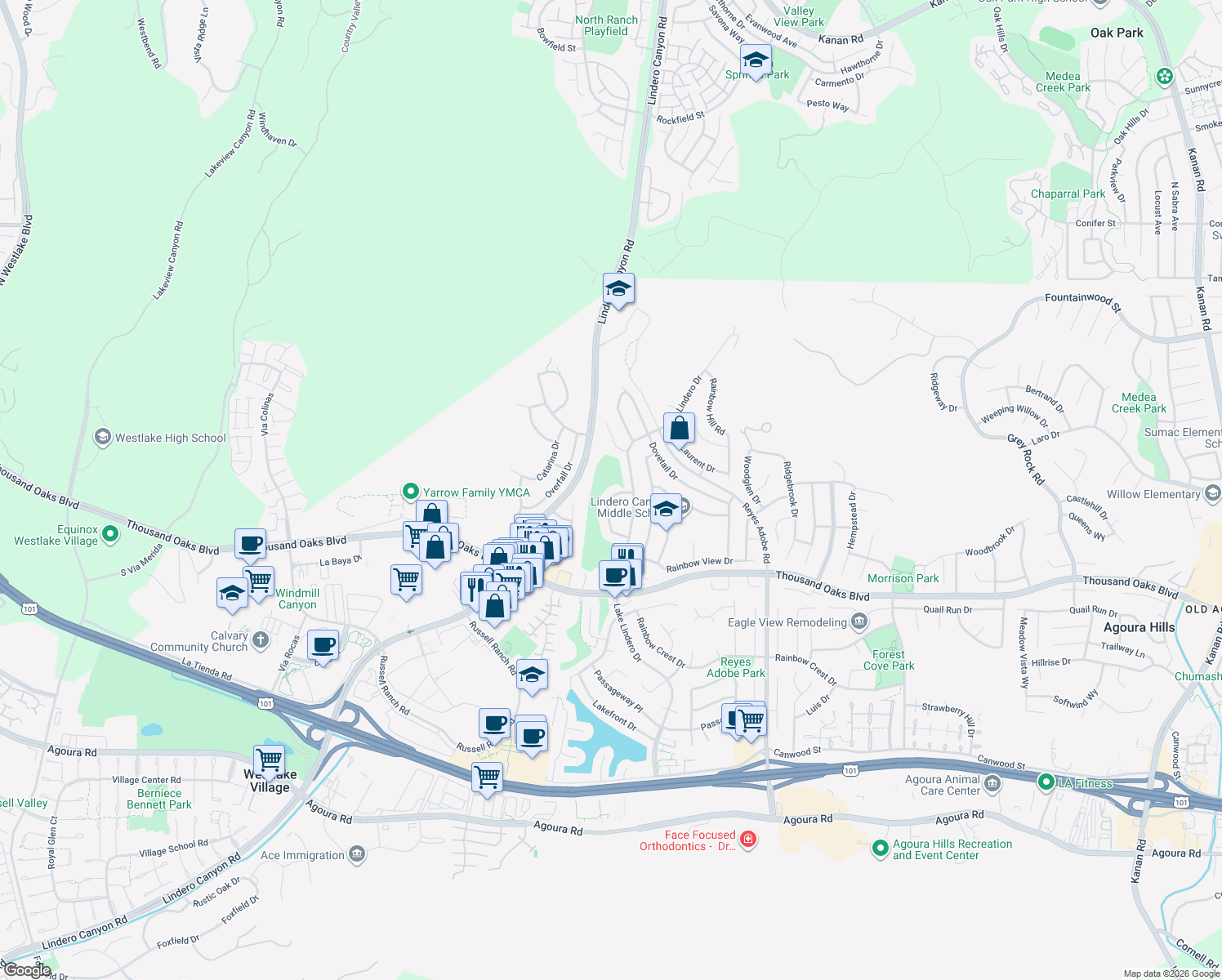 map of restaurants, bars, coffee shops, grocery stores, and more near 5887 Cape Horn Drive in Agoura Hills