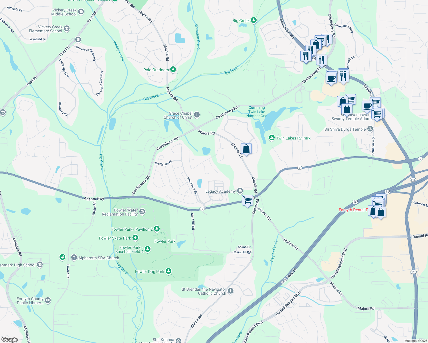 map of restaurants, bars, coffee shops, grocery stores, and more near 7190 Tributary Court in Cumming