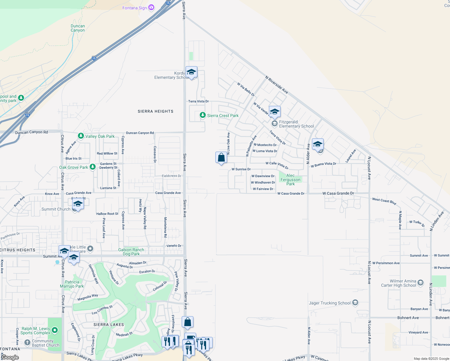 map of restaurants, bars, coffee shops, grocery stores, and more near 2838 West Windhaven Drive in Rialto