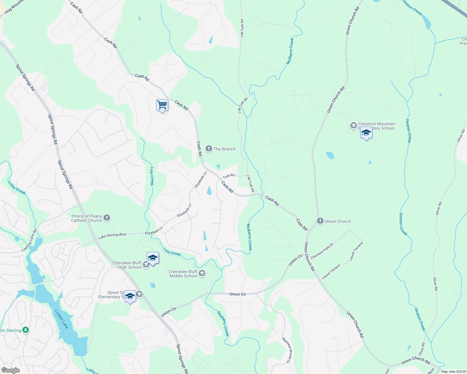 map of restaurants, bars, coffee shops, grocery stores, and more near 5181 Cash Road in Flowery Branch