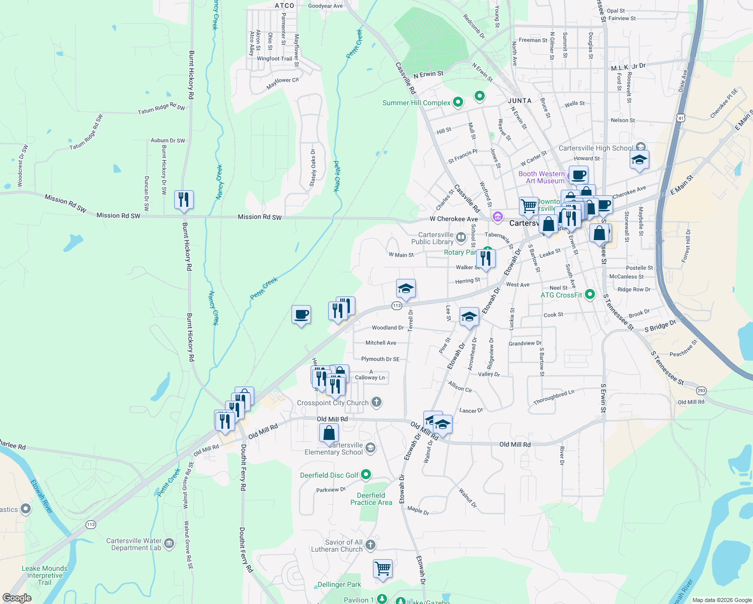 map of restaurants, bars, coffee shops, grocery stores, and more near 2 Attaway Dr in Cartersville