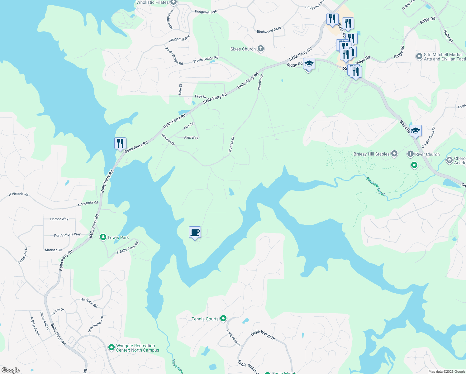 map of restaurants, bars, coffee shops, grocery stores, and more near 155 Cherokee Point Dr in Canton