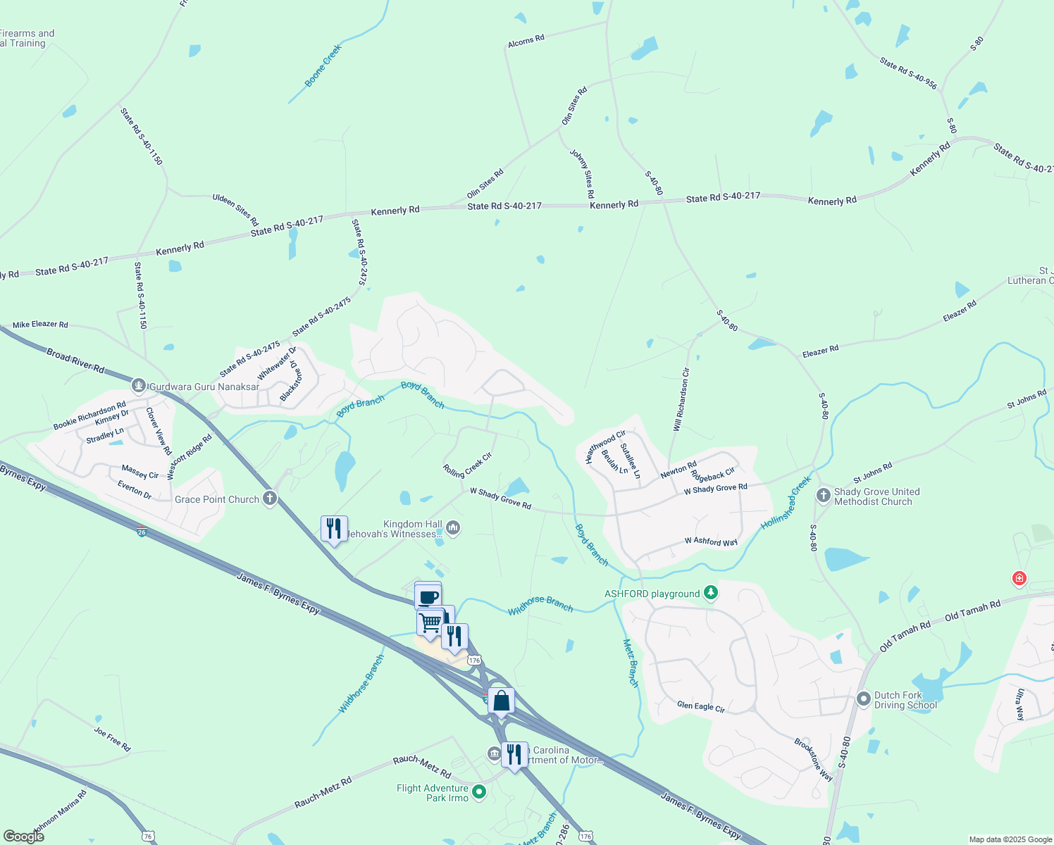 map of restaurants, bars, coffee shops, grocery stores, and more near 4 Willow Creek Court in Irmo