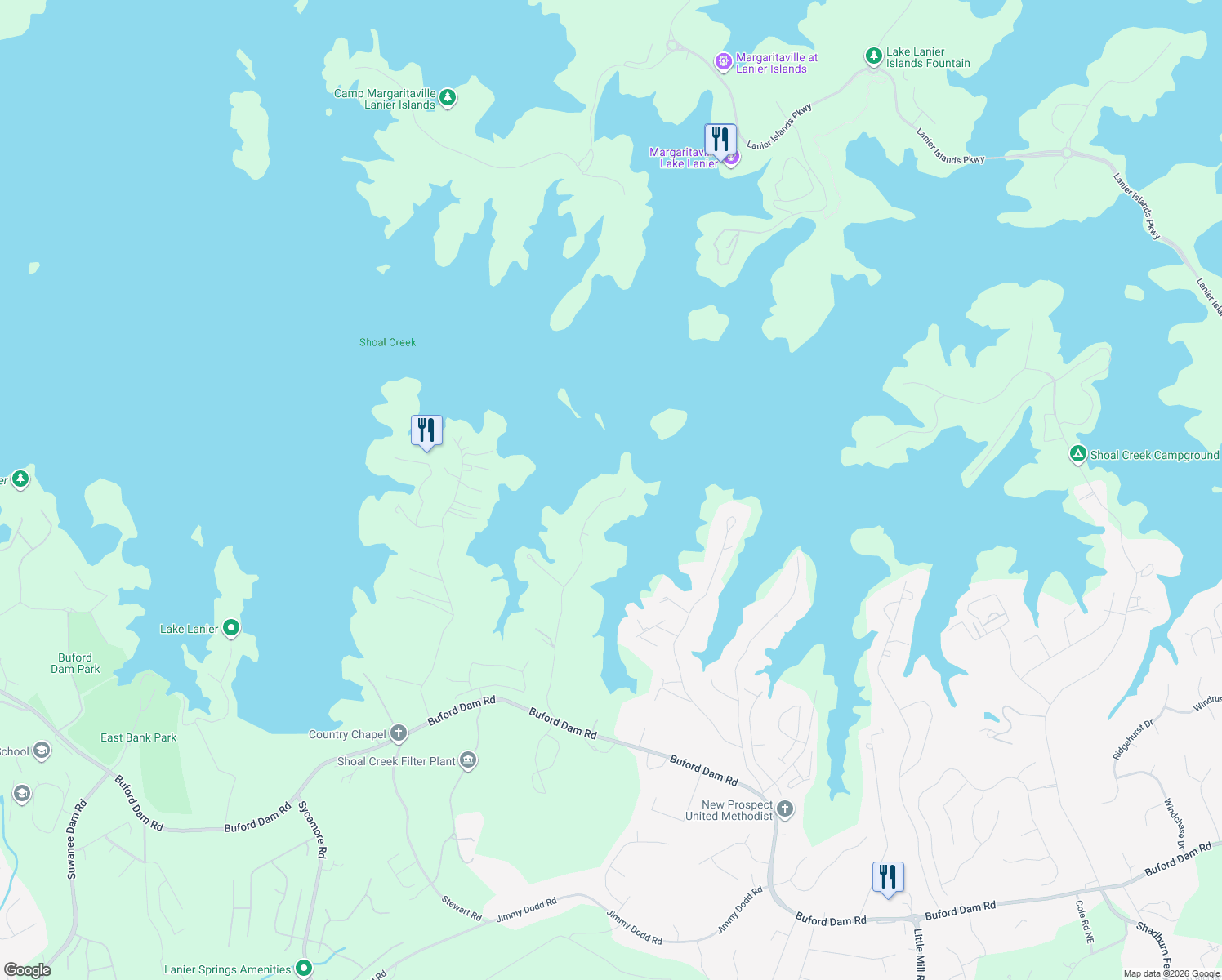 map of restaurants, bars, coffee shops, grocery stores, and more near 6532 Old Shadburn Ferry Rd in Buford