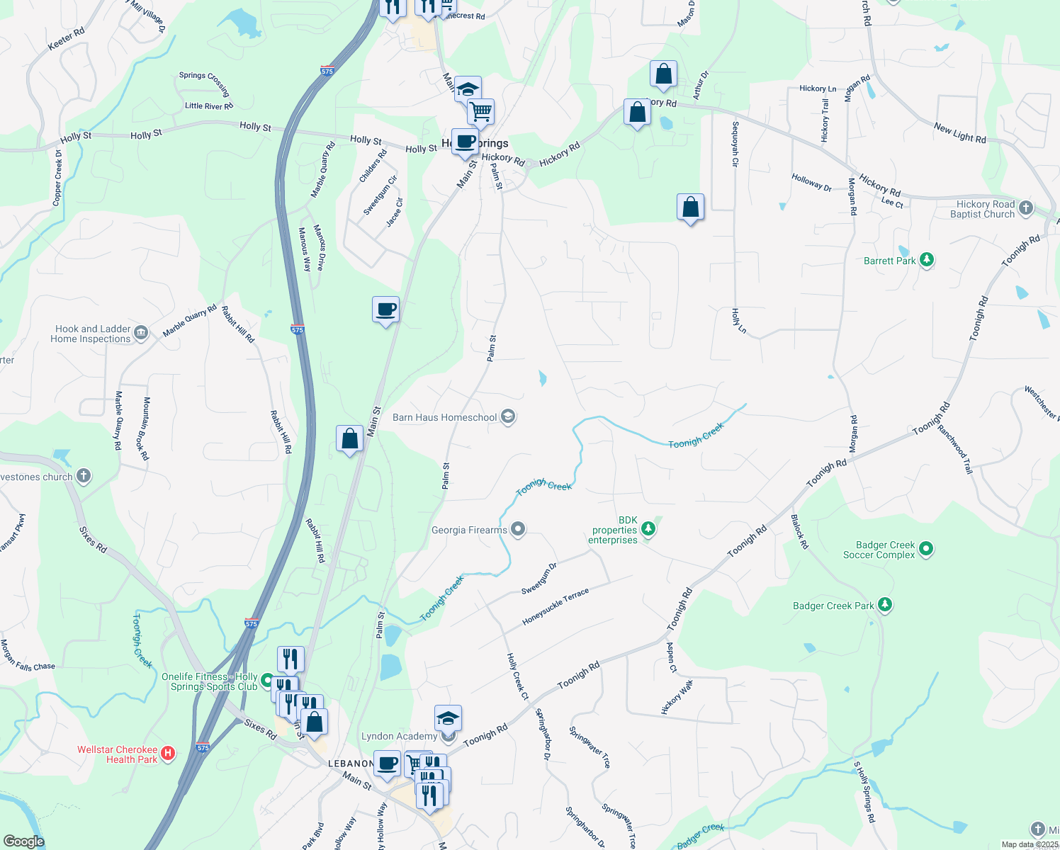 map of restaurants, bars, coffee shops, grocery stores, and more near 289 Barn Road in Canton