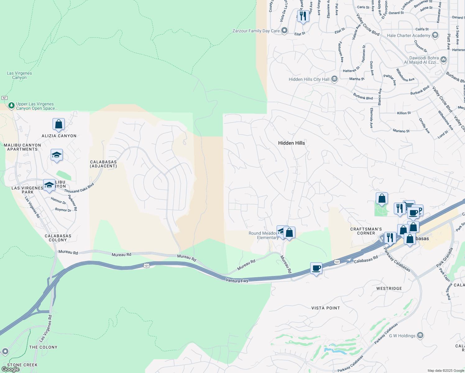 map of restaurants, bars, coffee shops, grocery stores, and more near 25127 Jim Bridger Road in Hidden Hills