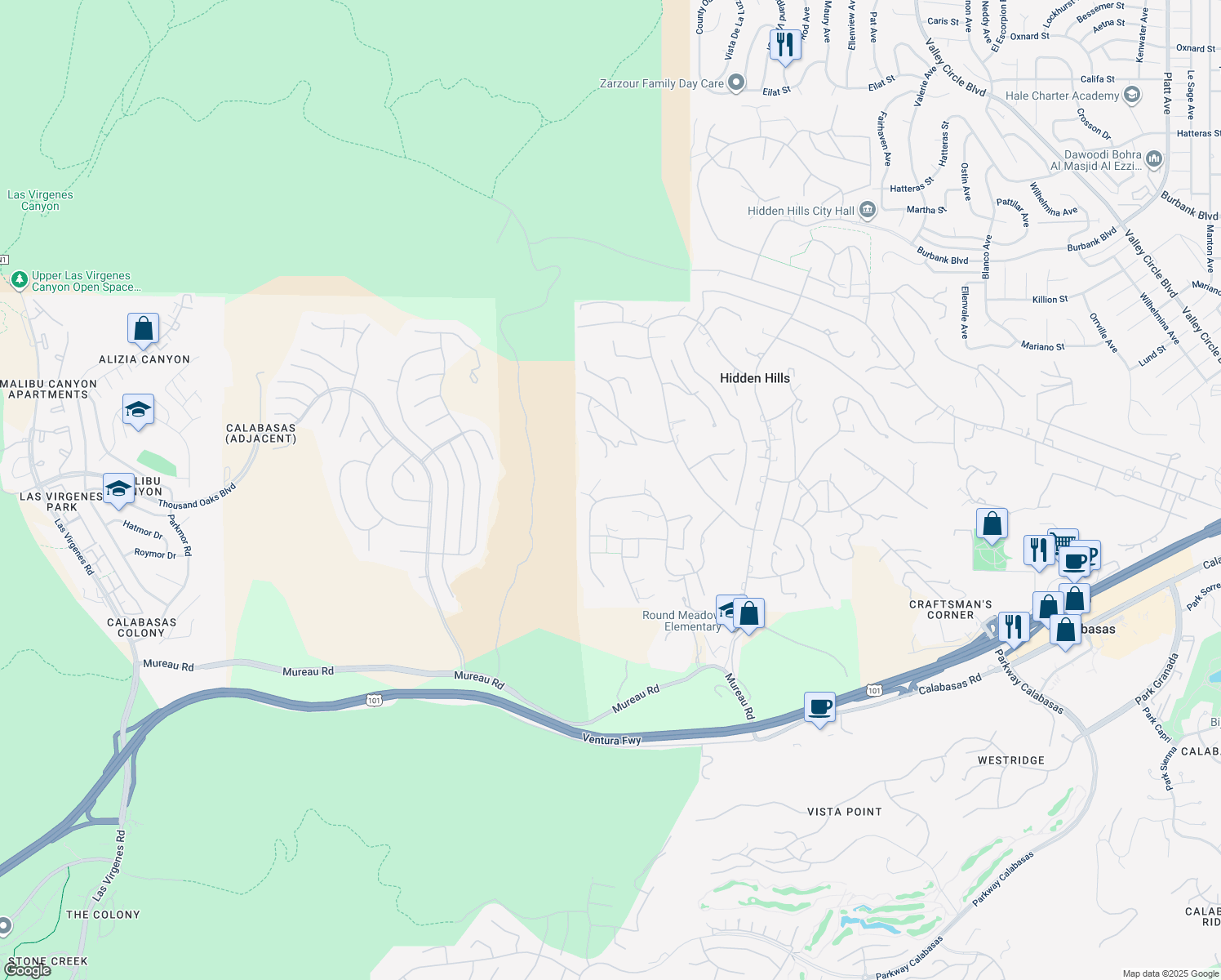 map of restaurants, bars, coffee shops, grocery stores, and more near 25127 Jim Bridger Road in Hidden Hills