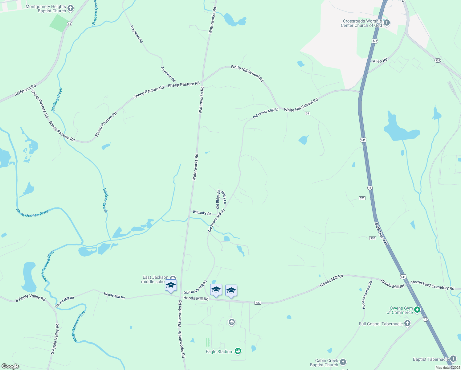 map of restaurants, bars, coffee shops, grocery stores, and more near 1095 Old Hoods Mill Road in Commerce