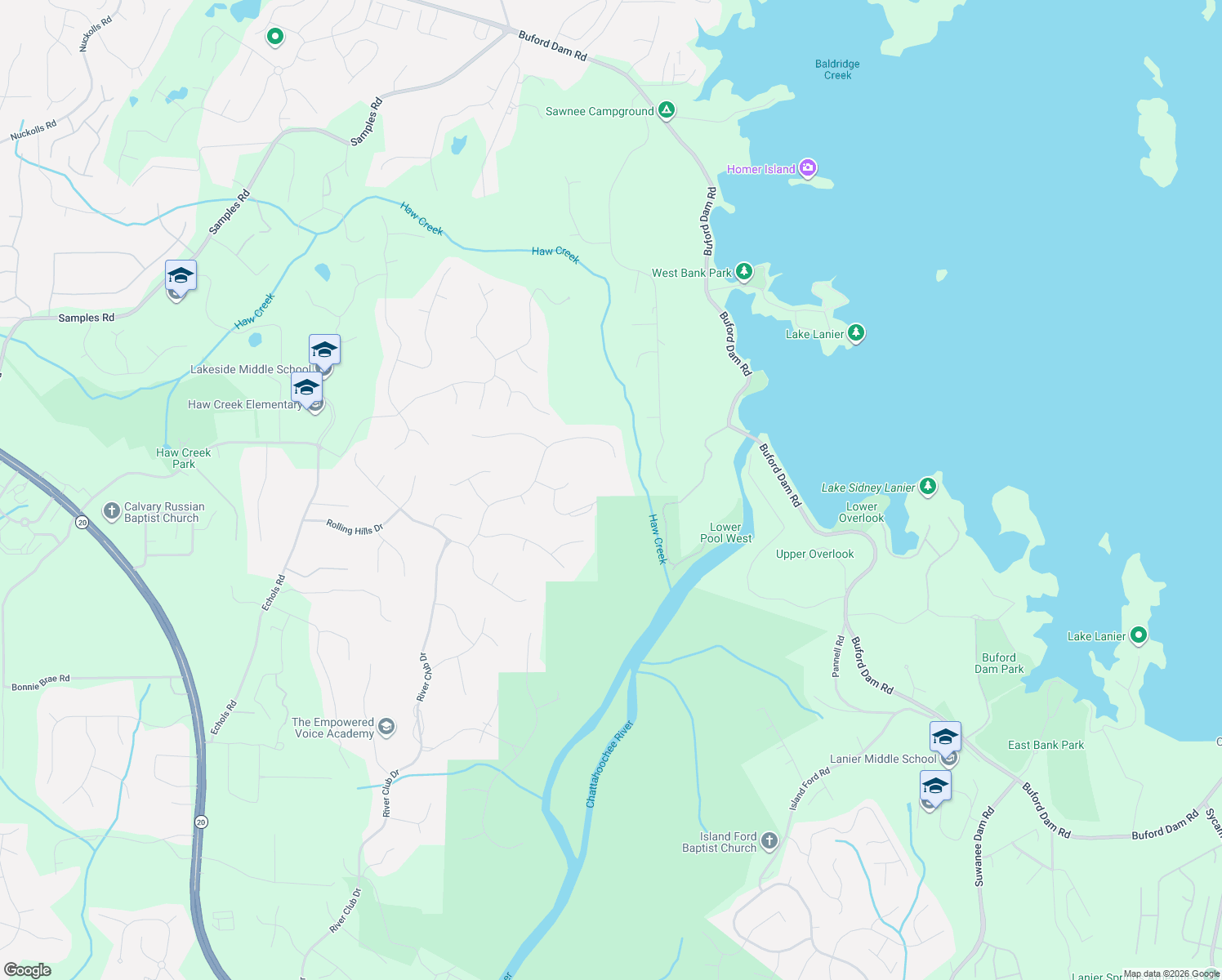 map of restaurants, bars, coffee shops, grocery stores, and more near 5035 Bowman Park Point in Cumming