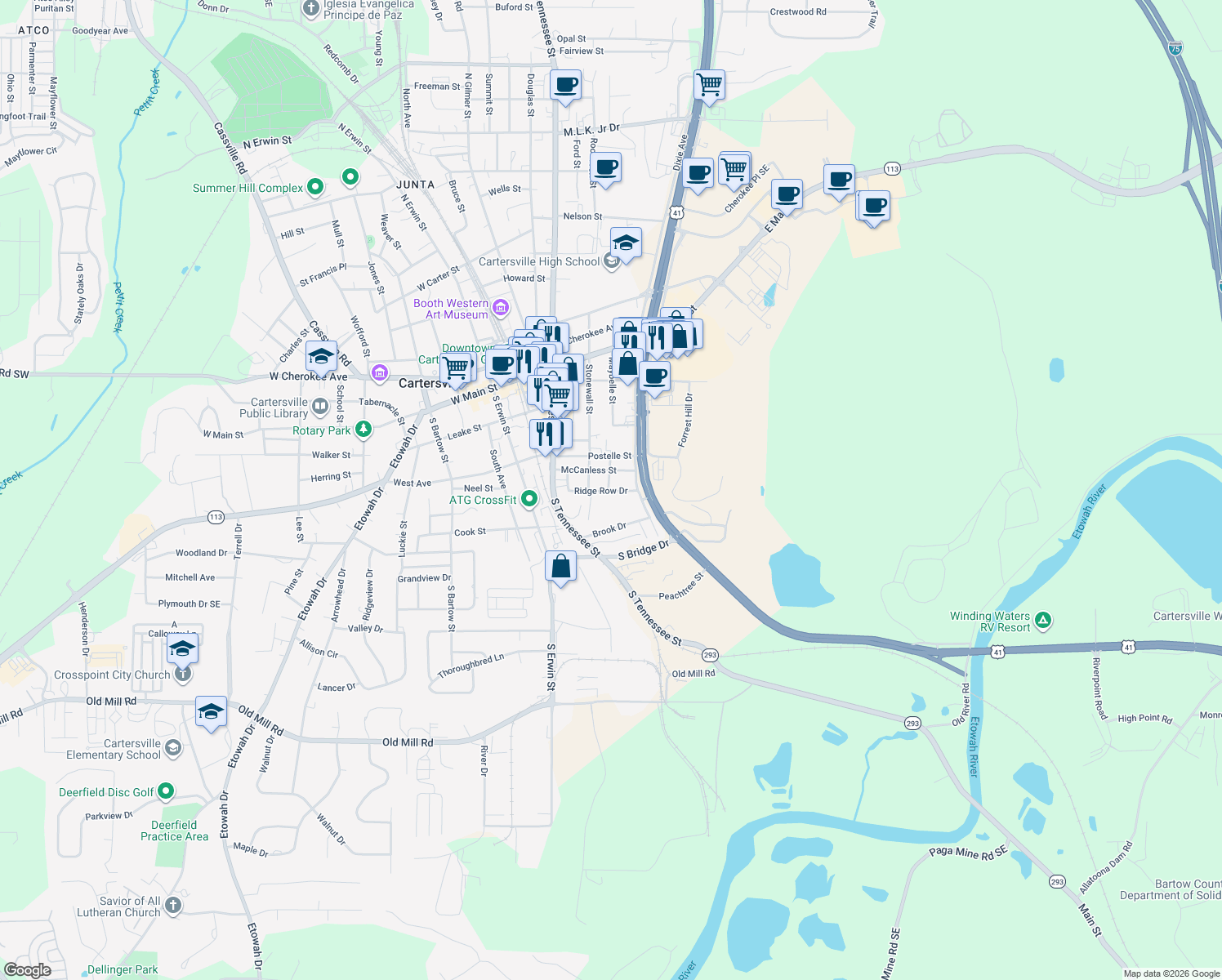 map of restaurants, bars, coffee shops, grocery stores, and more near 50 Ridge Row Drive in Cartersville