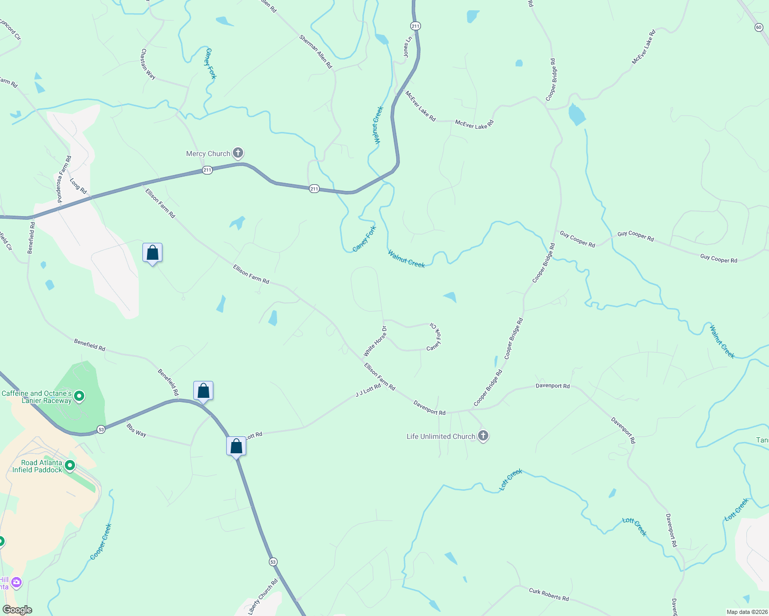 map of restaurants, bars, coffee shops, grocery stores, and more near 4516 White Horse Drive in Braselton
