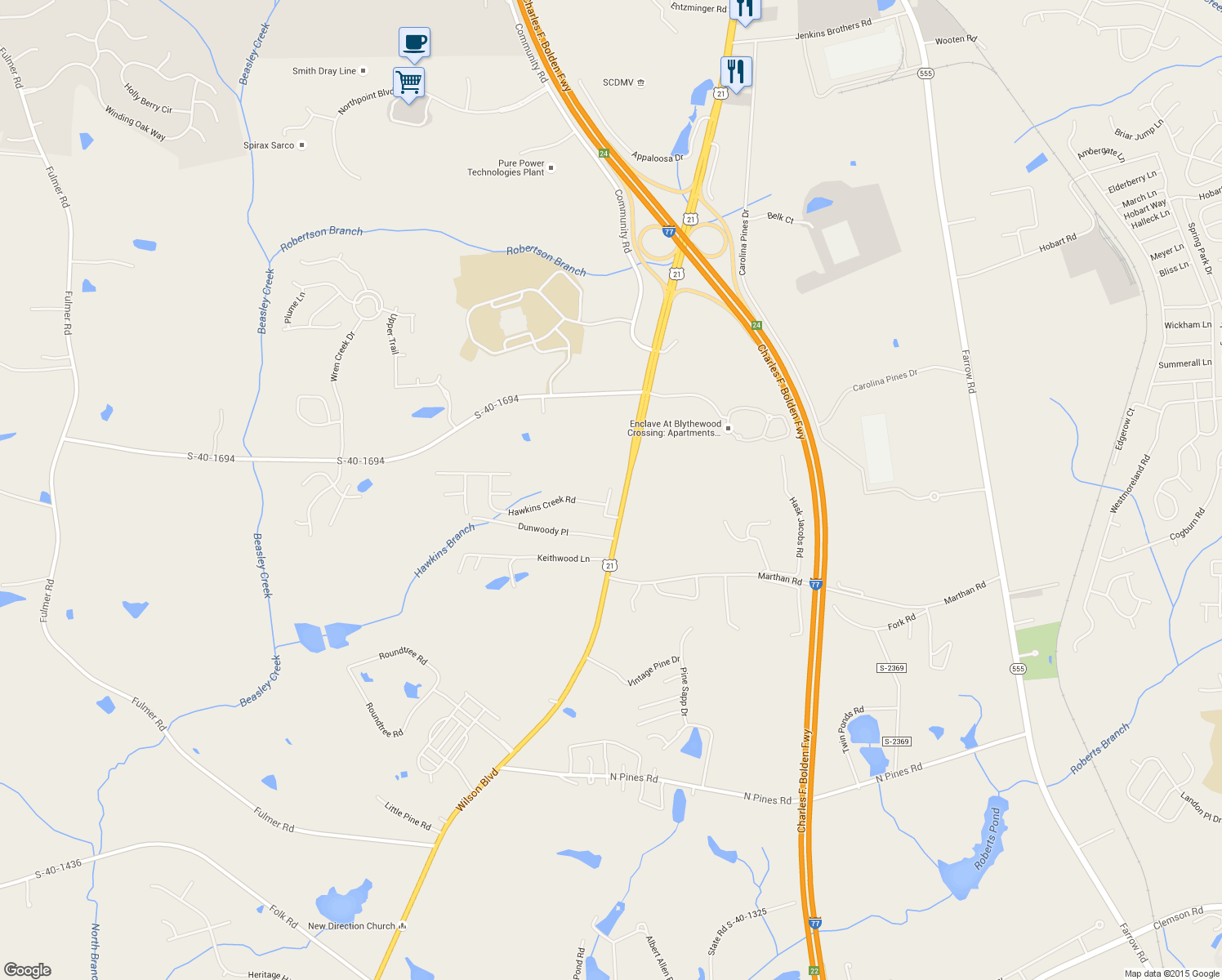 map of restaurants, bars, coffee shops, grocery stores, and more near 140 Potters View Road in Blythewood