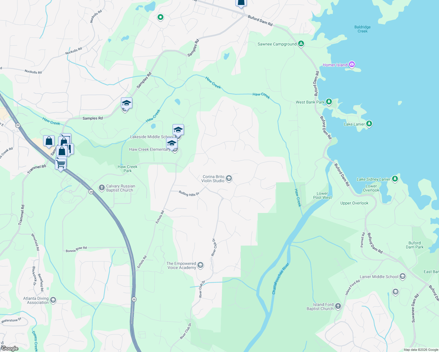 map of restaurants, bars, coffee shops, grocery stores, and more near 4655 Spring Wood Trace in Cumming