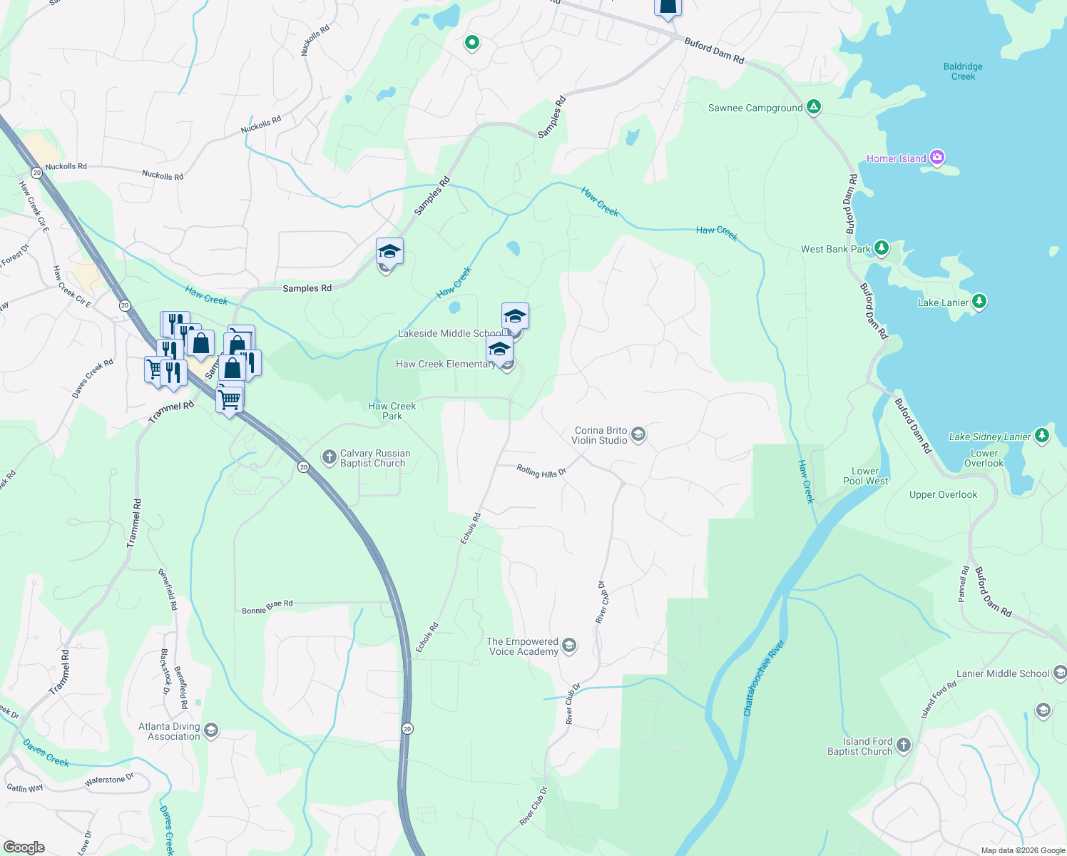 map of restaurants, bars, coffee shops, grocery stores, and more near 3960 Summerwood Dr in Cumming
