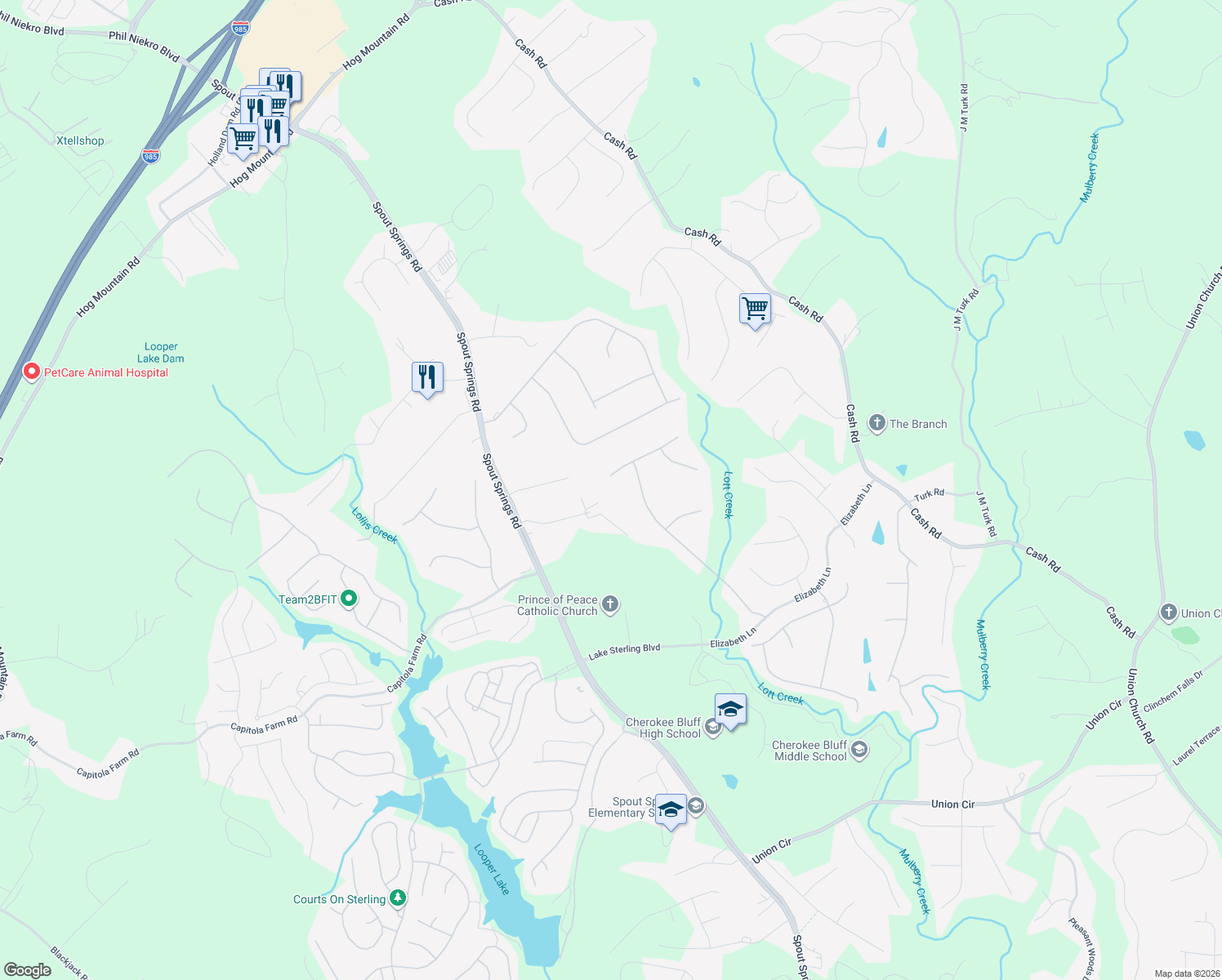 map of restaurants, bars, coffee shops, grocery stores, and more near 5606 Wooded Valley Way in Flowery Branch
