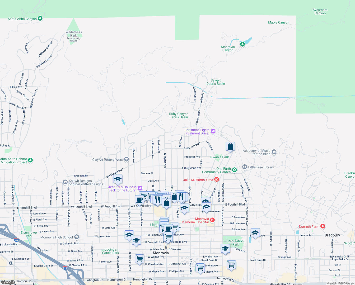 map of restaurants, bars, coffee shops, grocery stores, and more near 156 Seymour Place in Monrovia