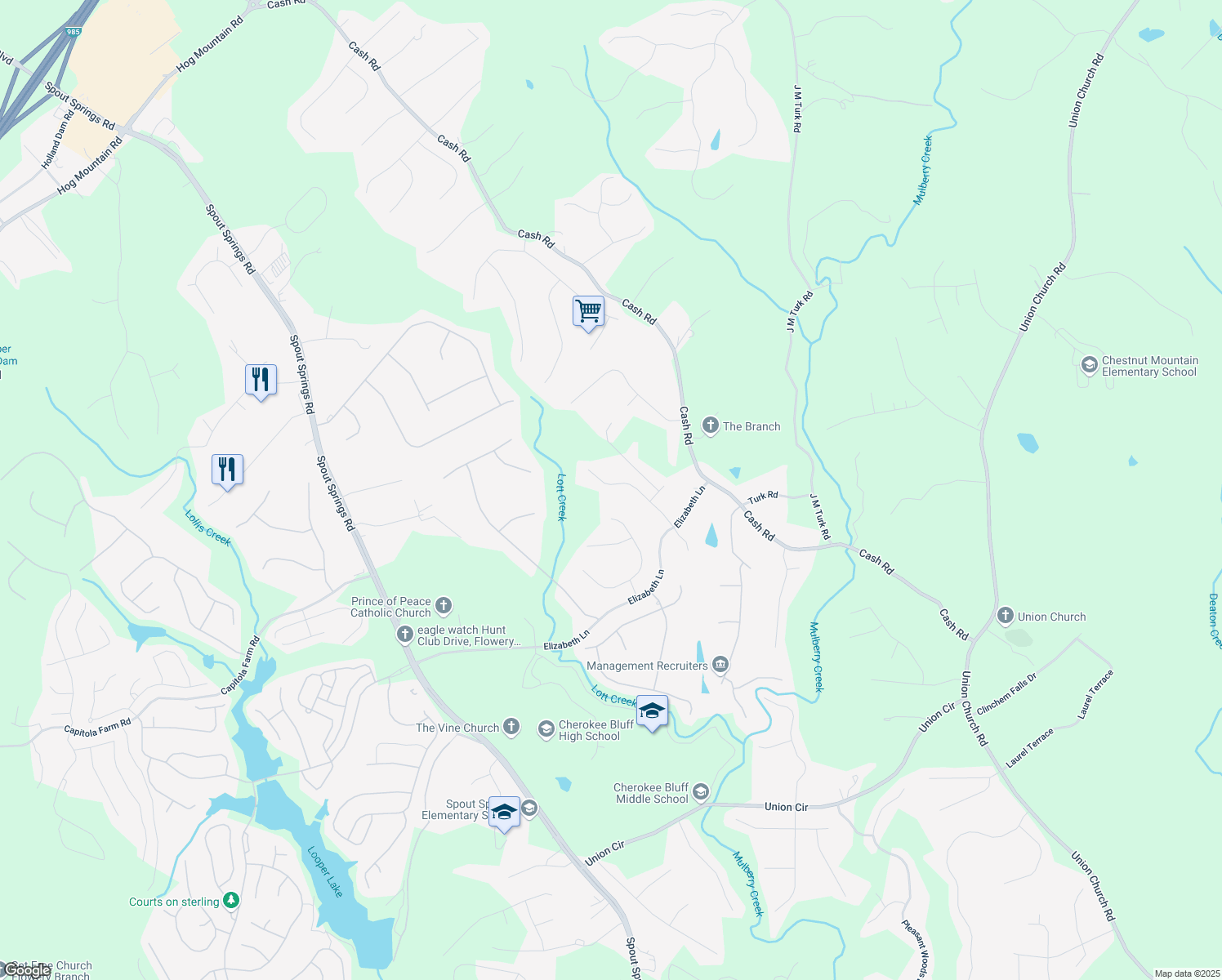 map of restaurants, bars, coffee shops, grocery stores, and more near 5155 Scenic View Road in Flowery Branch