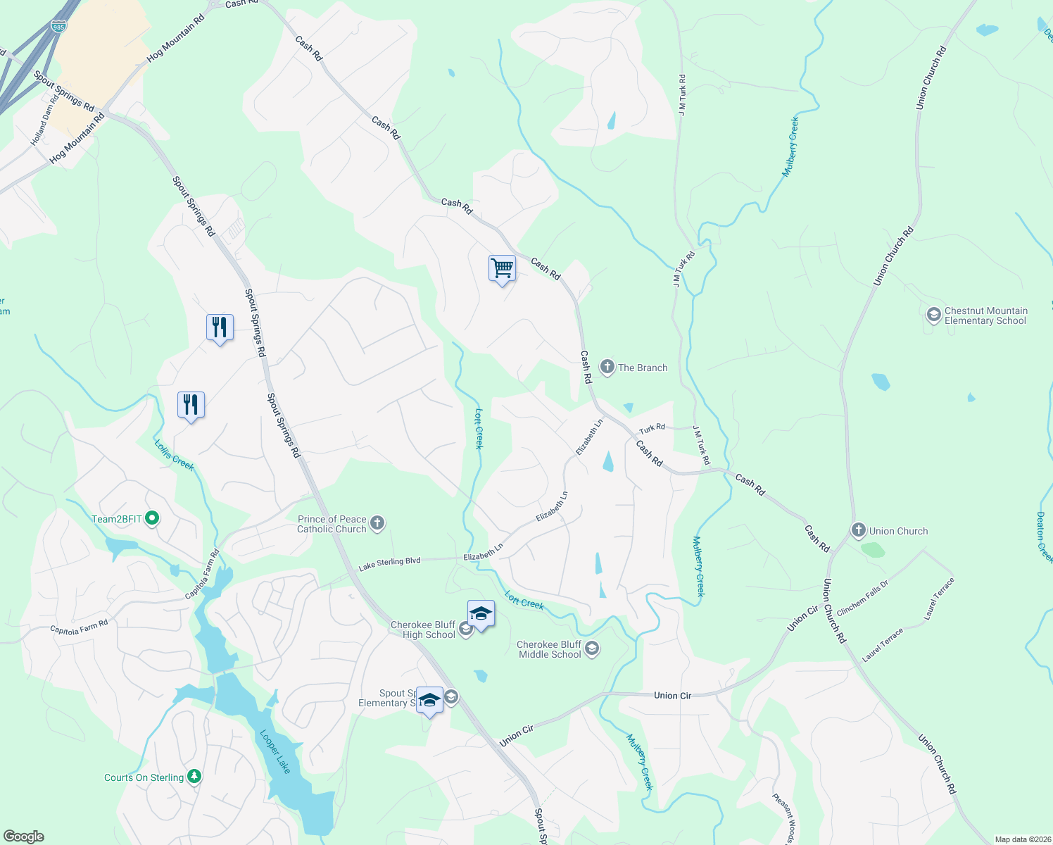 map of restaurants, bars, coffee shops, grocery stores, and more near 5147 Scenic View Road in Flowery Branch