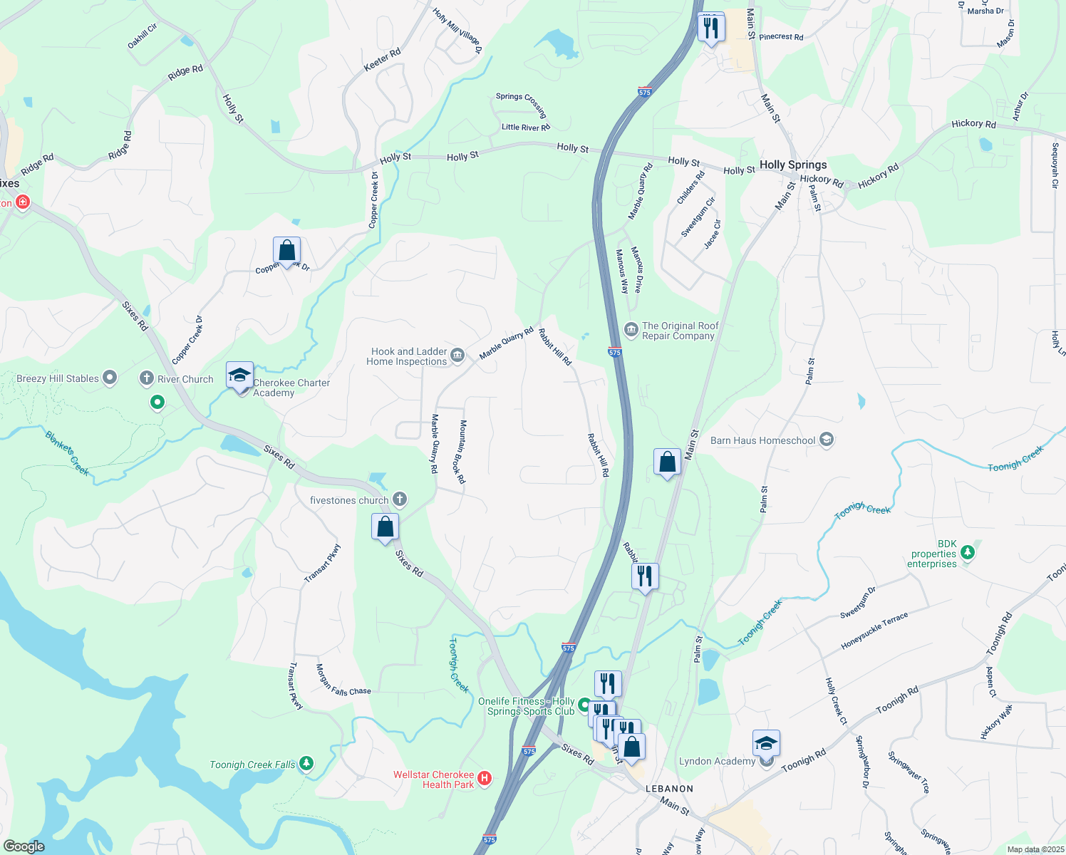 map of restaurants, bars, coffee shops, grocery stores, and more near 1855 Mountain Trace in Canton