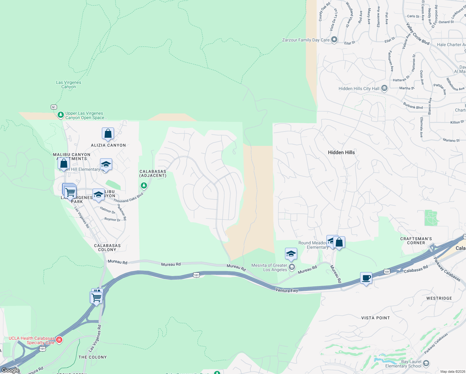 map of restaurants, bars, coffee shops, grocery stores, and more near 5541 Wellesley Drive in Calabasas