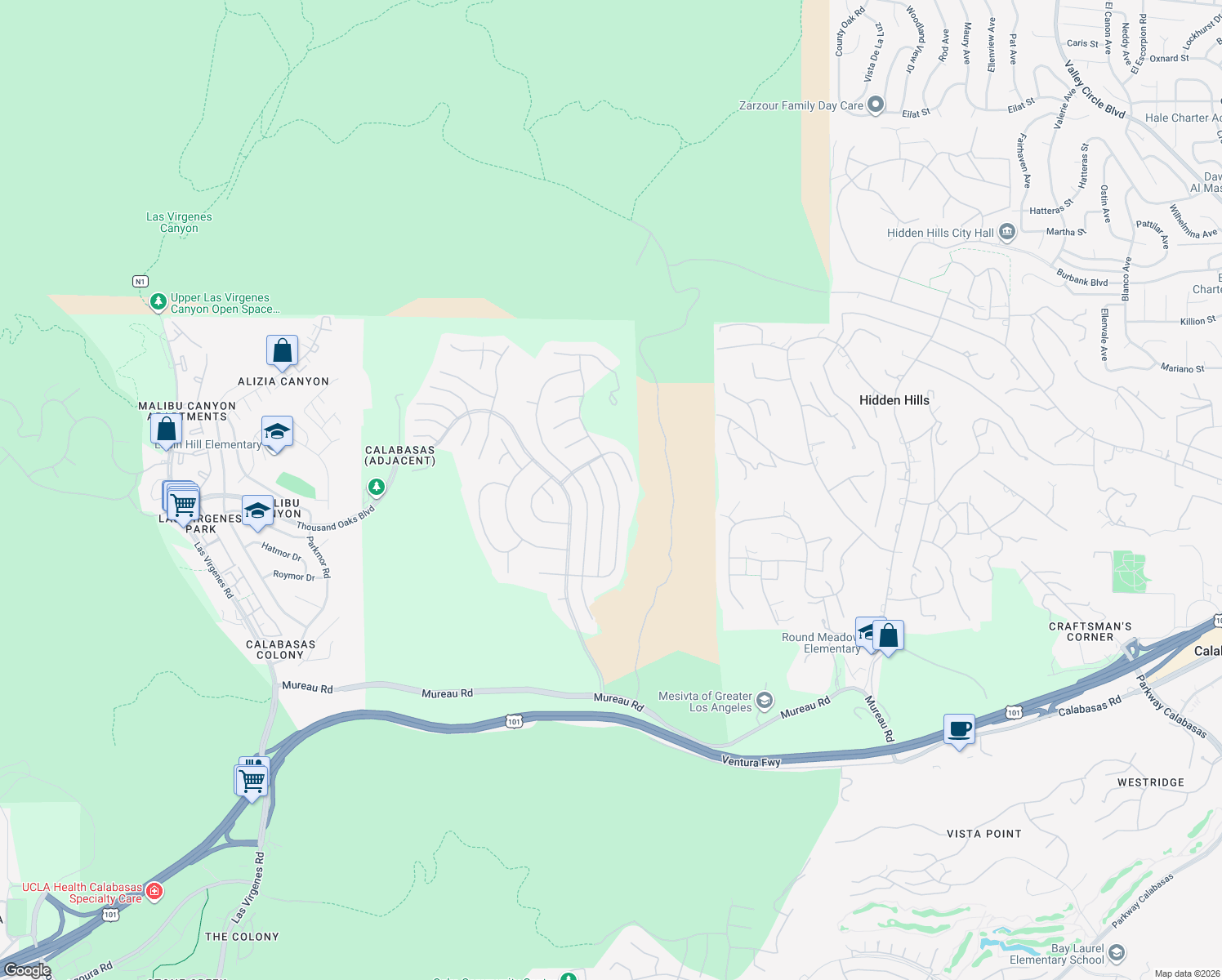 map of restaurants, bars, coffee shops, grocery stores, and more near 5541 Wellesley Drive in Calabasas