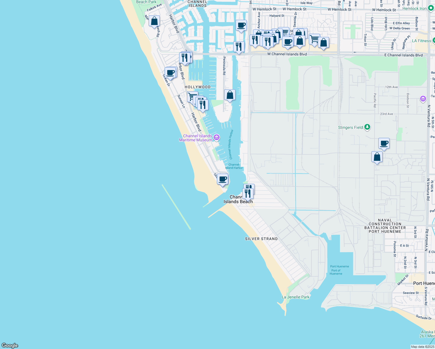 map of restaurants, bars, coffee shops, grocery stores, and more near 3248 Ocean Dr in Oxnard