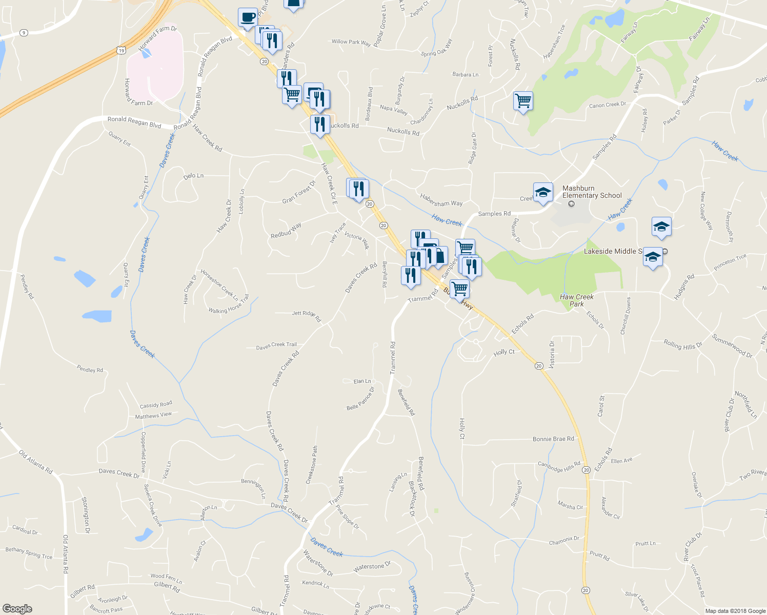 map of restaurants, bars, coffee shops, grocery stores, and more near 1730 Berryhill Road in Cumming