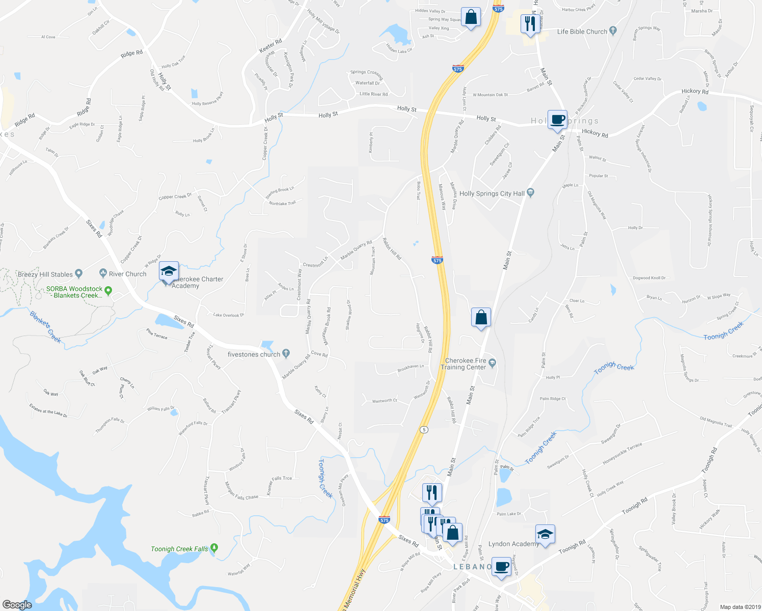map of restaurants, bars, coffee shops, grocery stores, and more near 1855 Mountain Trace in Canton