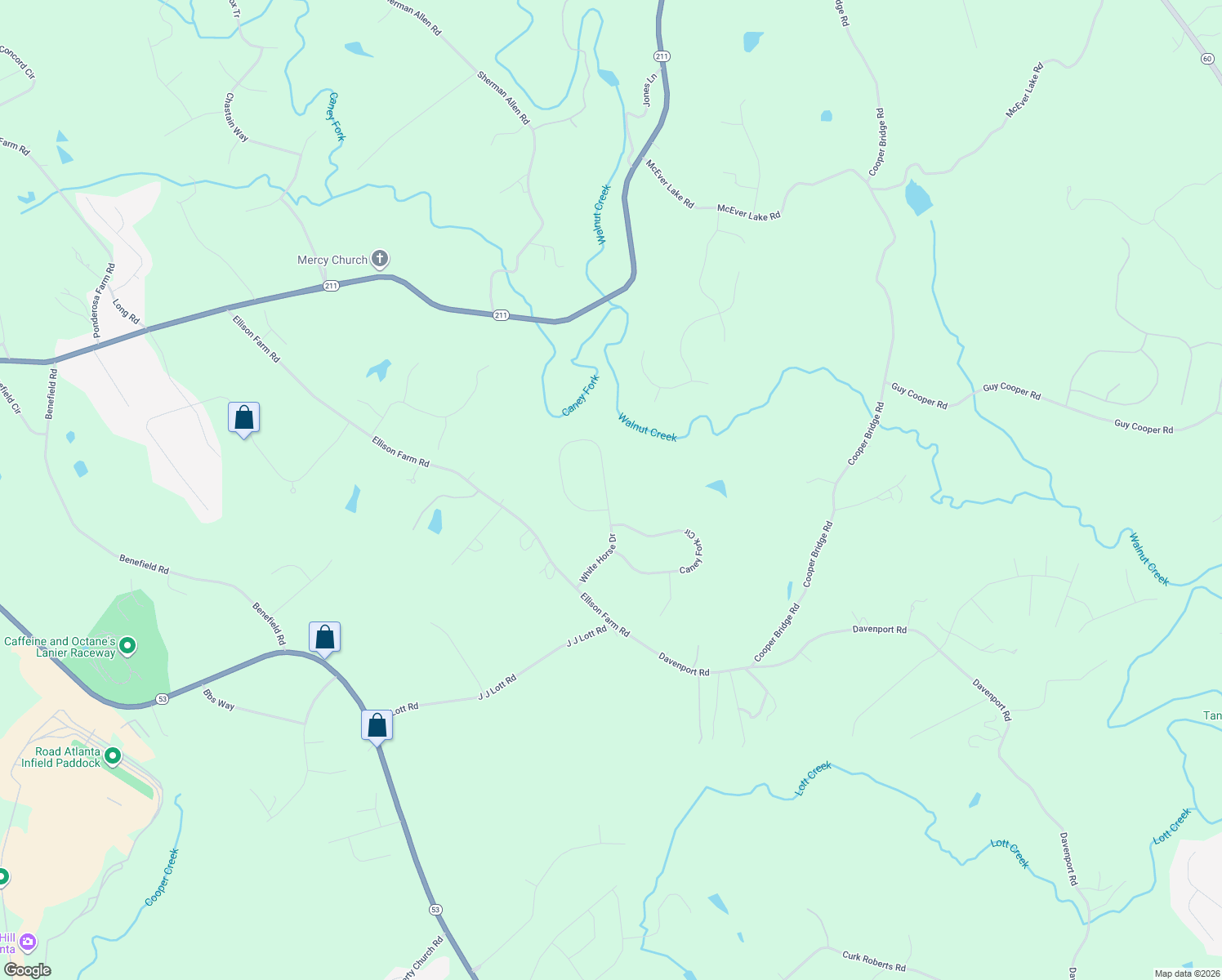 map of restaurants, bars, coffee shops, grocery stores, and more near 4528 White Horse Drive in Braselton