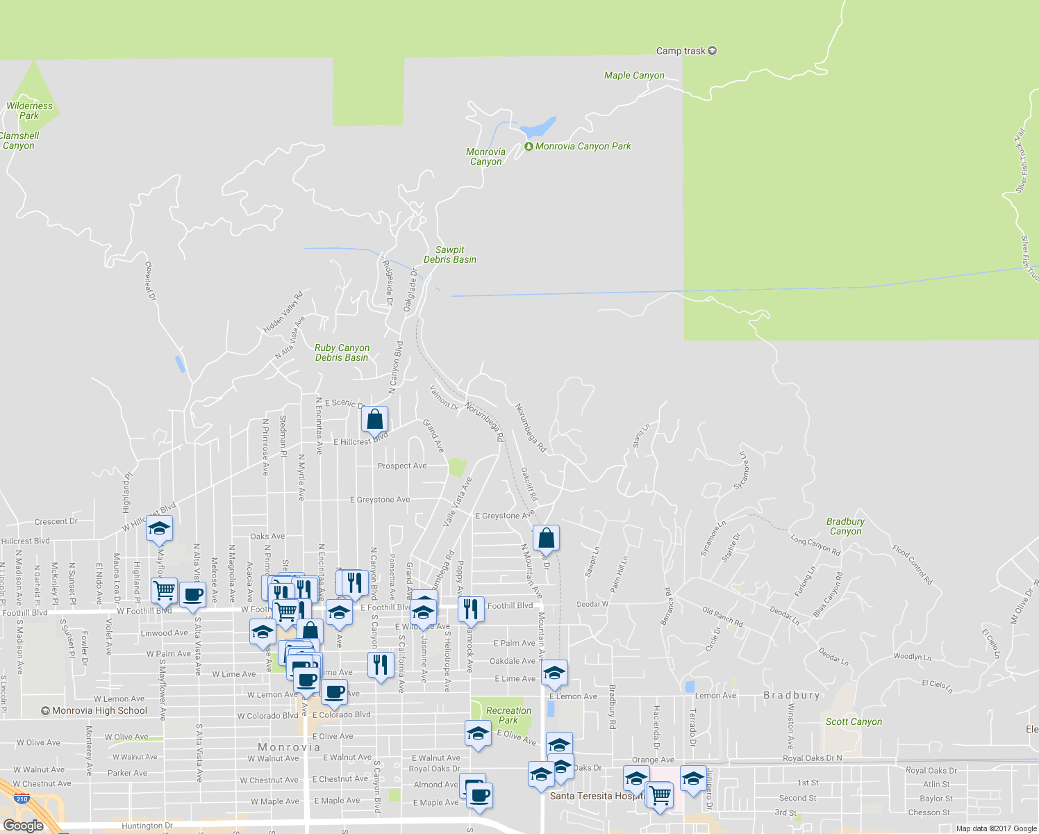 map of restaurants, bars, coffee shops, grocery stores, and more near 646 Norumbega Drive in Monrovia