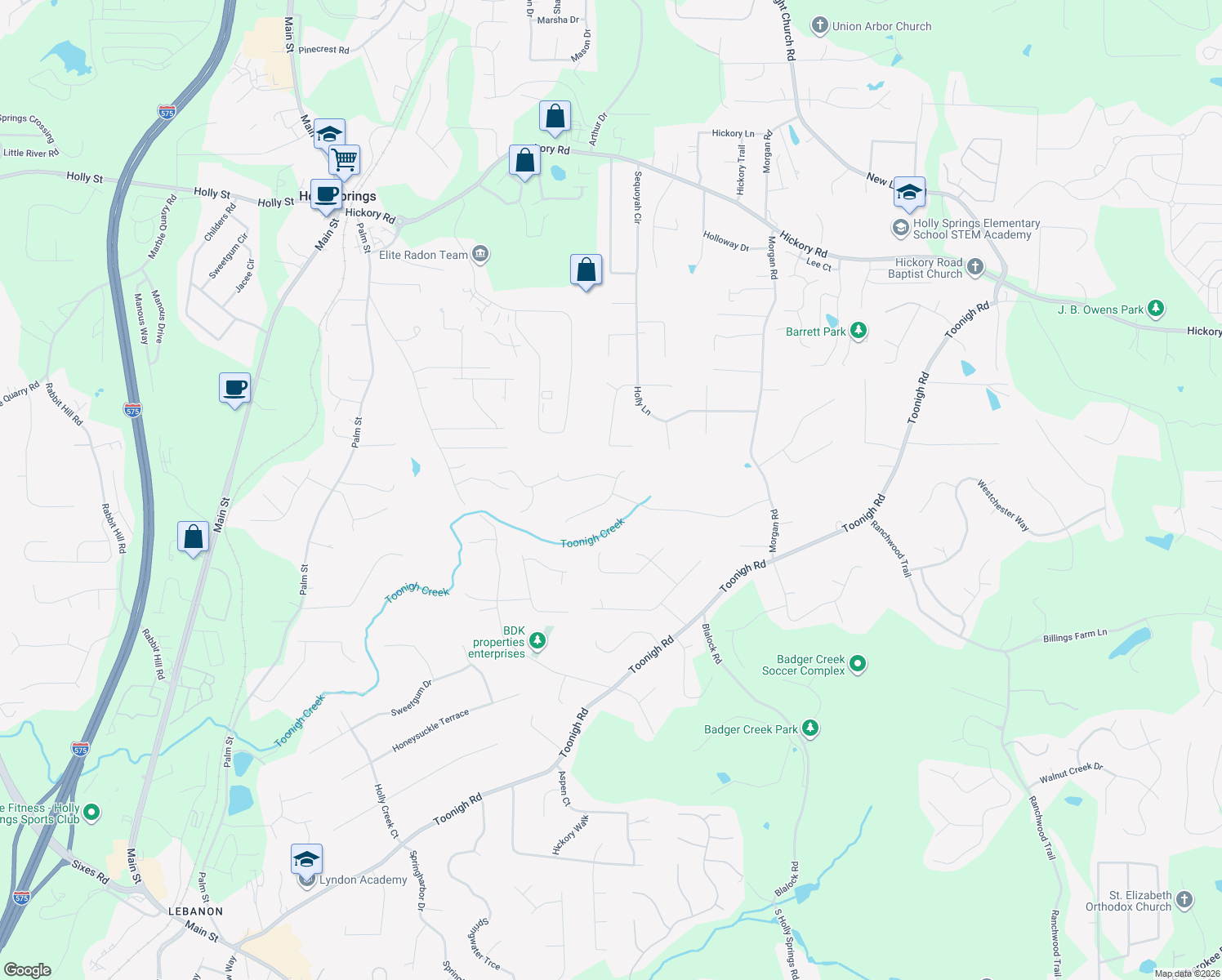 map of restaurants, bars, coffee shops, grocery stores, and more near 138 Spring Creek Court in Canton