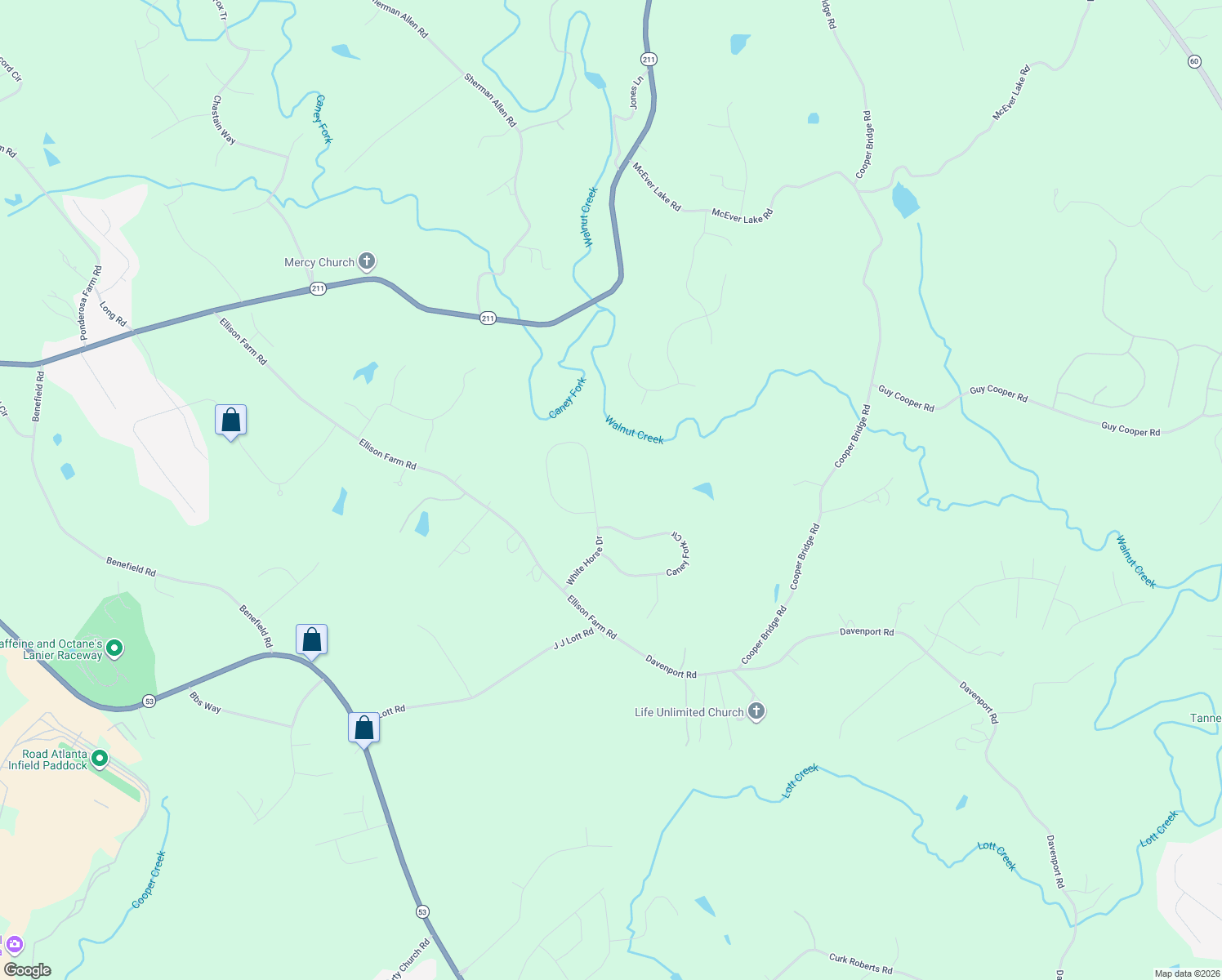 map of restaurants, bars, coffee shops, grocery stores, and more near 4516 White Horse Drive in Braselton