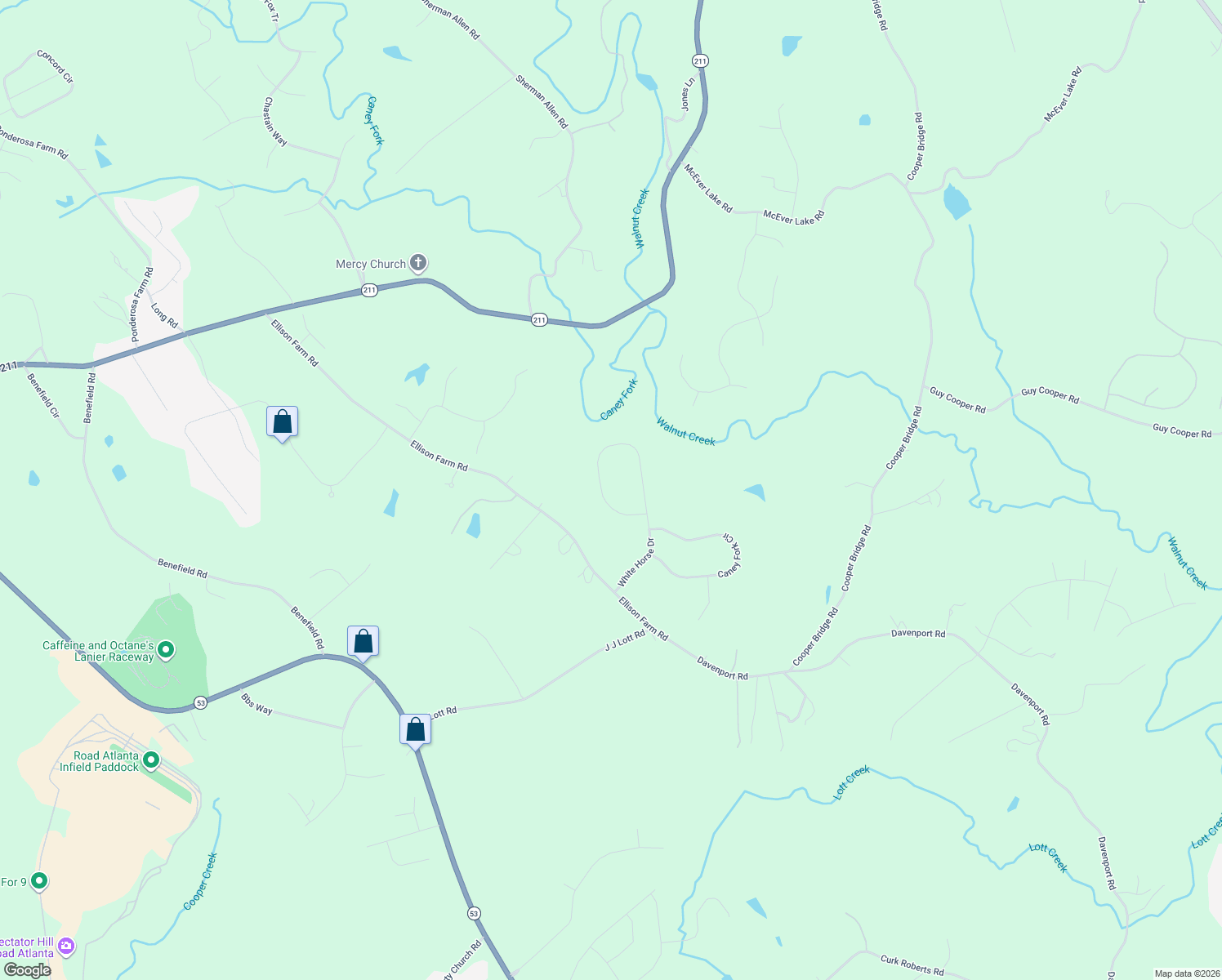 map of restaurants, bars, coffee shops, grocery stores, and more near 4621 White Horse Dr in Braselton