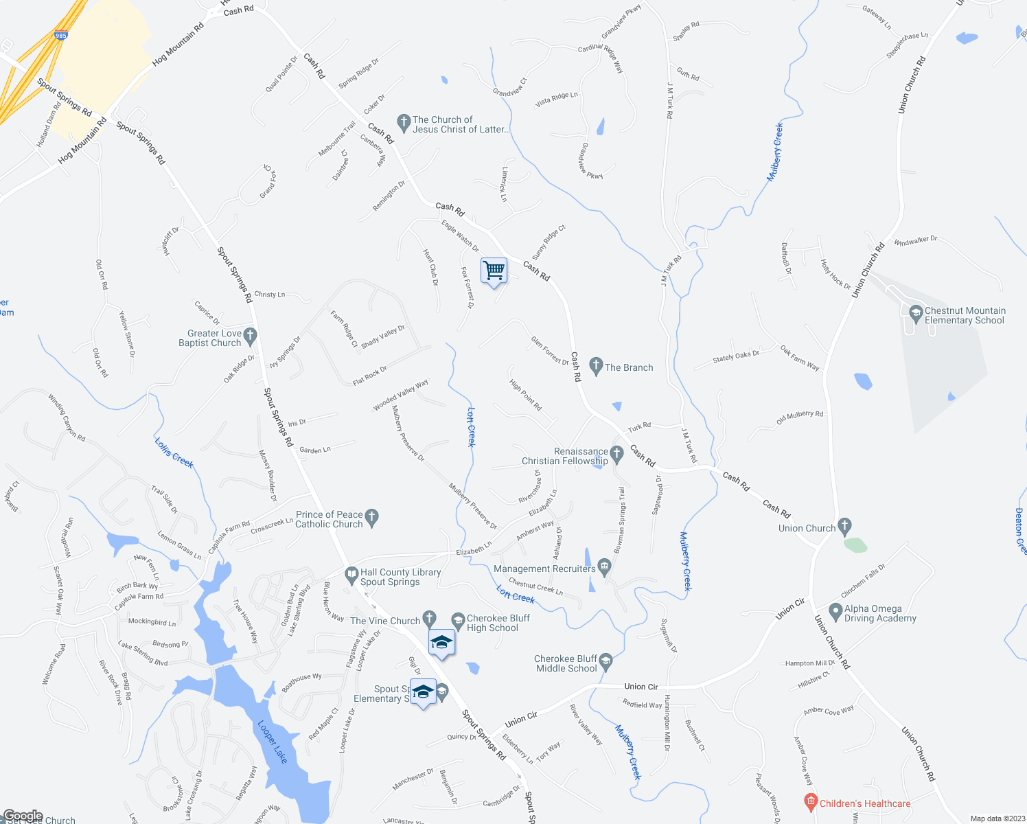 map of restaurants, bars, coffee shops, grocery stores, and more near 5148 Scenic View Road in Flowery Branch