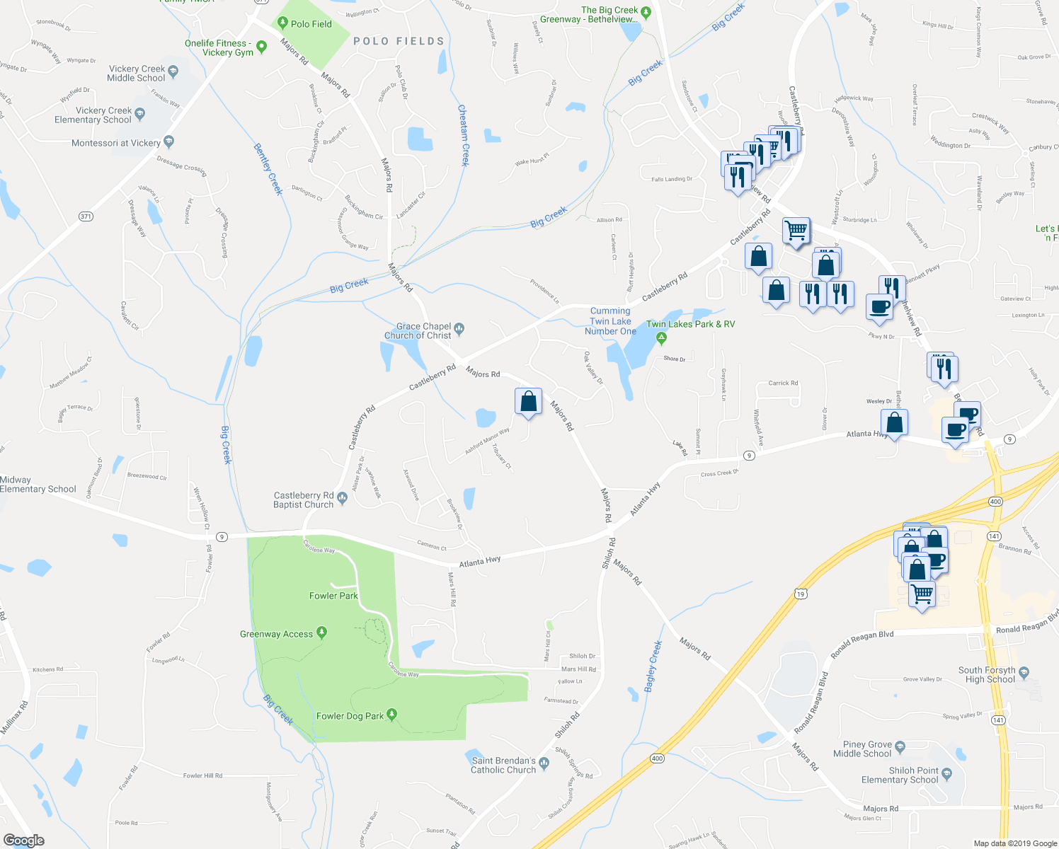 map of restaurants, bars, coffee shops, grocery stores, and more near 6910 Ashford Manor Way in Cumming