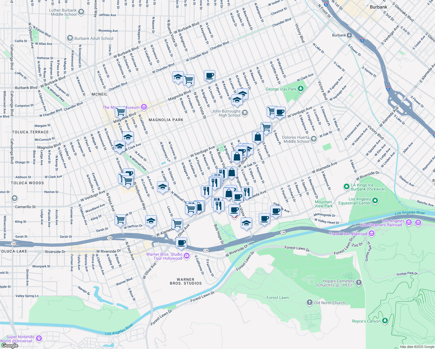 map of restaurants, bars, coffee shops, grocery stores, and more near 211 North Frederic Street in Burbank