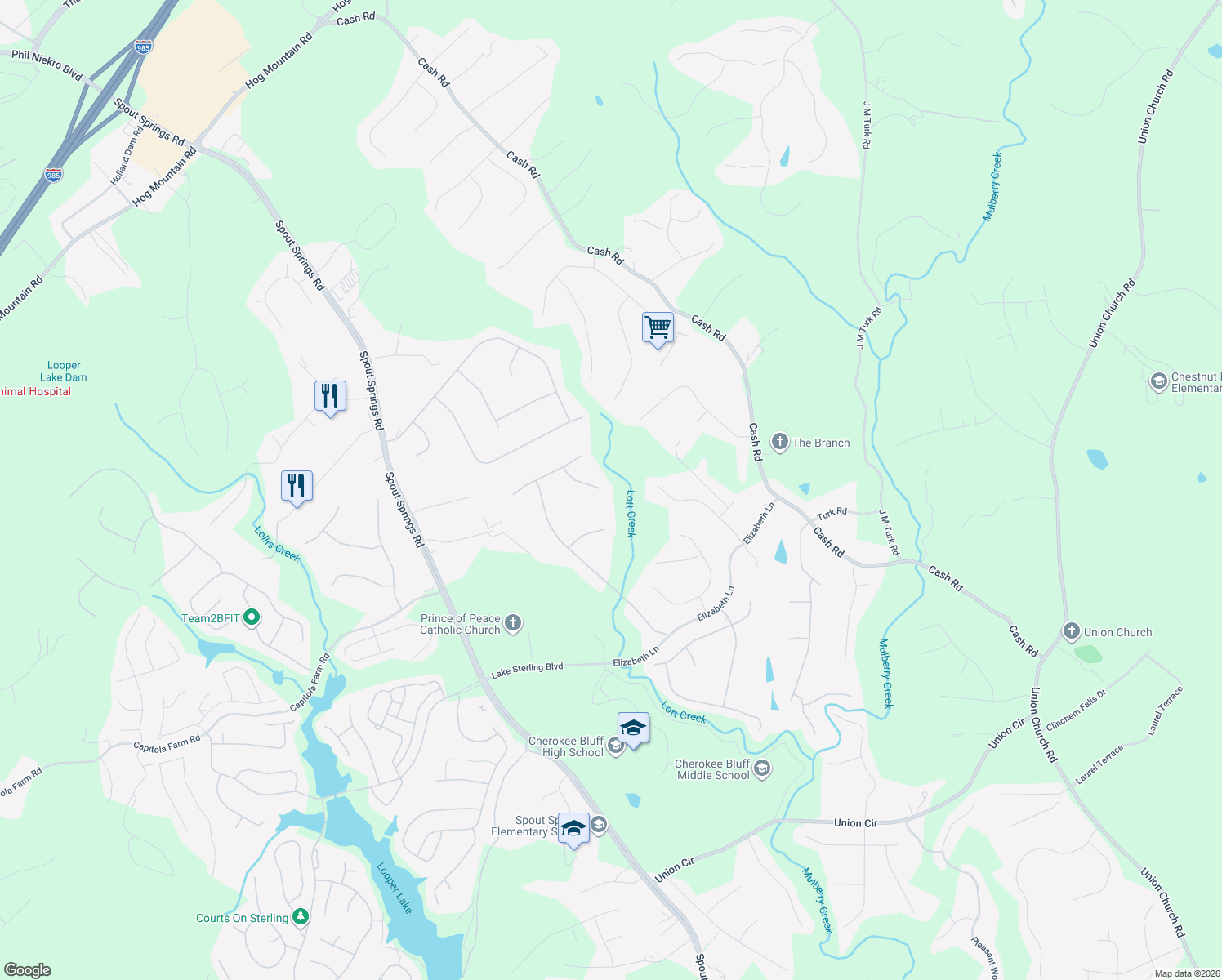 map of restaurants, bars, coffee shops, grocery stores, and more near 5687 Deep Creek Court in Flowery Branch