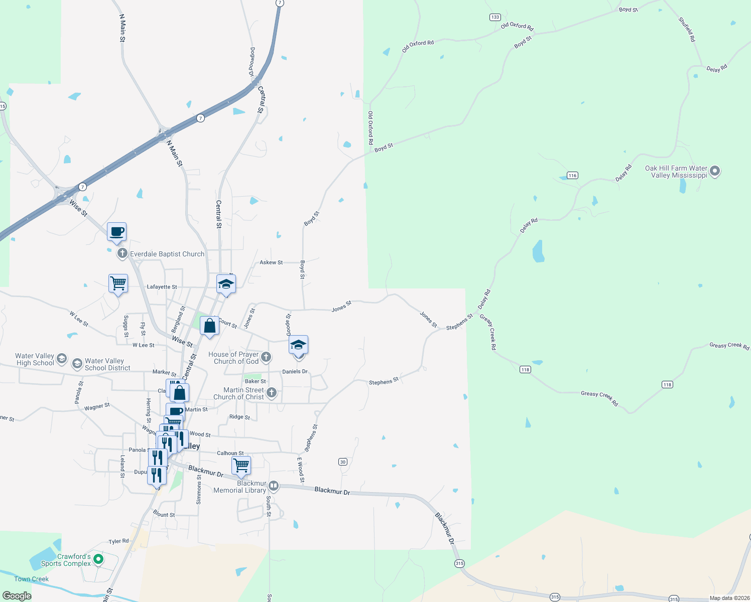 map of restaurants, bars, coffee shops, grocery stores, and more near 1417 Jones Street in Water Valley