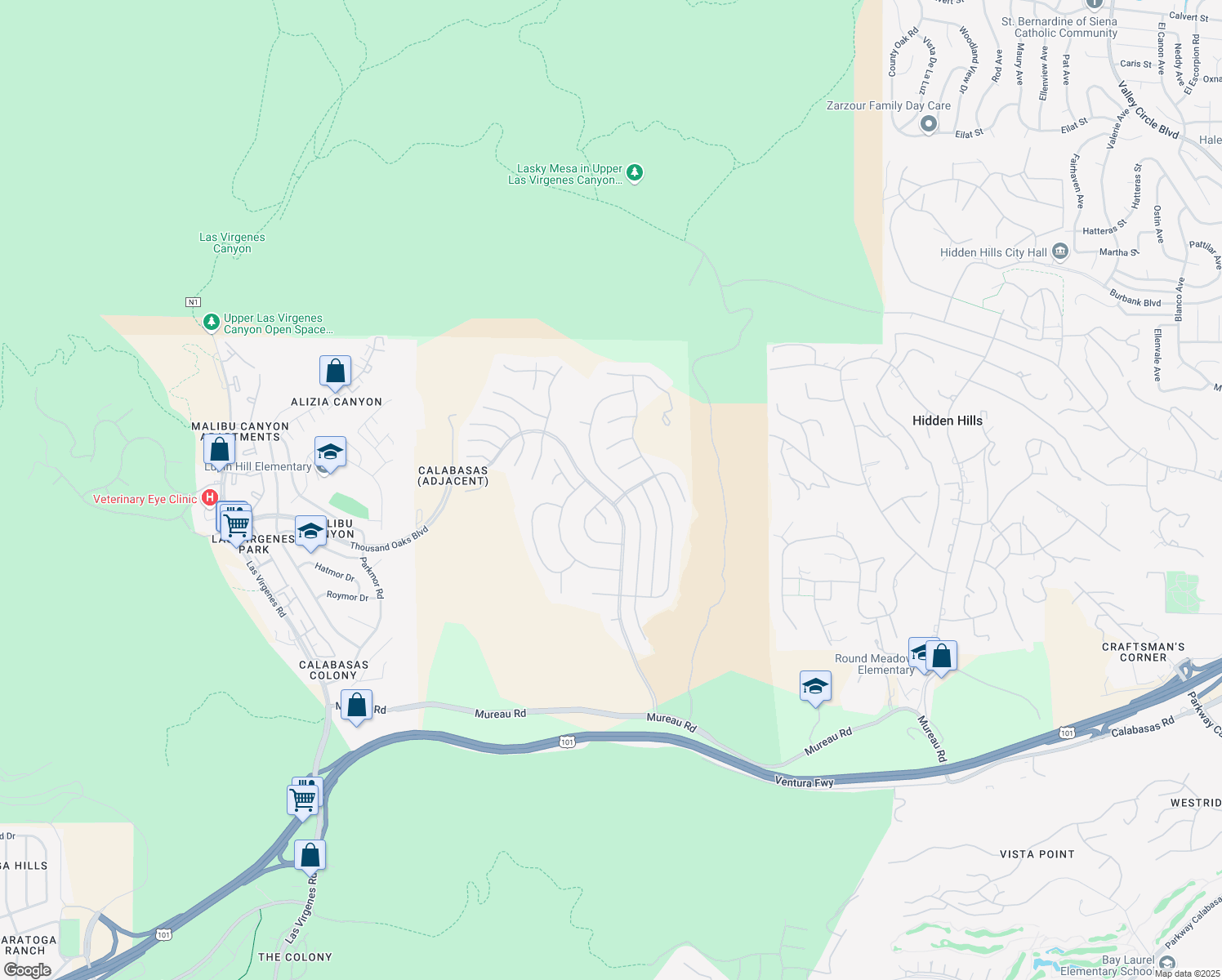 map of restaurants, bars, coffee shops, grocery stores, and more near 5517 Newcastle Lane in Calabasas