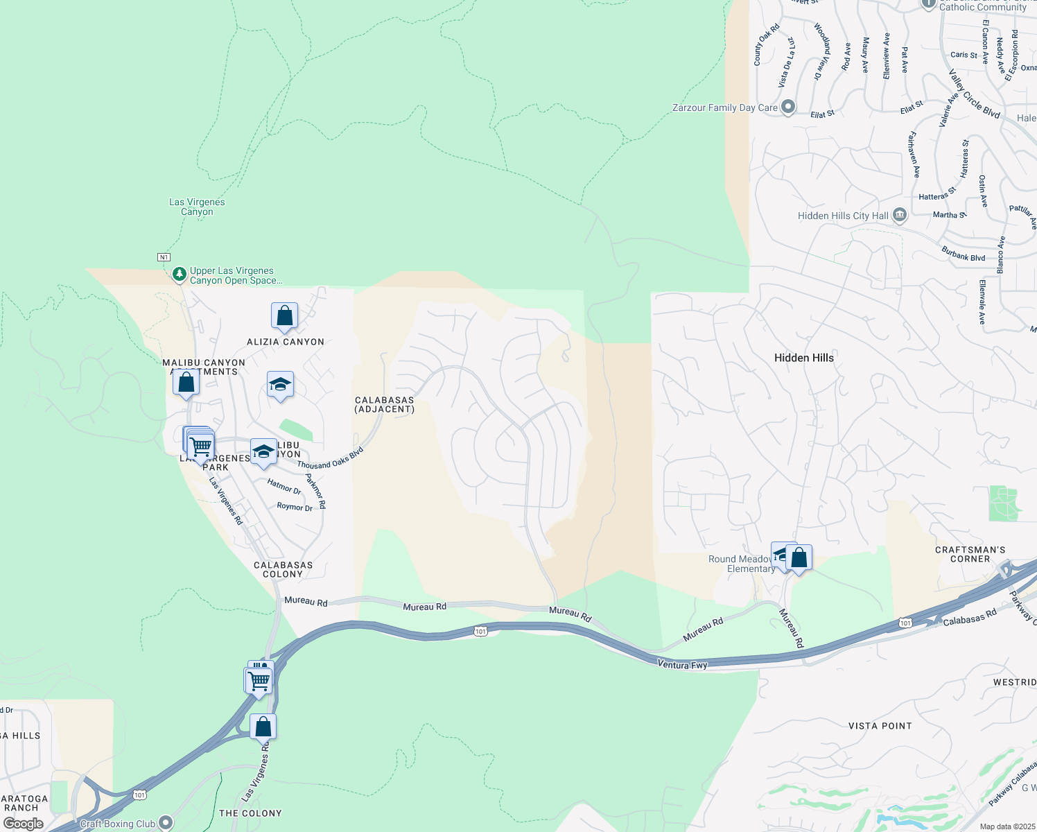 map of restaurants, bars, coffee shops, grocery stores, and more near 5517 Newcastle Lane in Calabasas