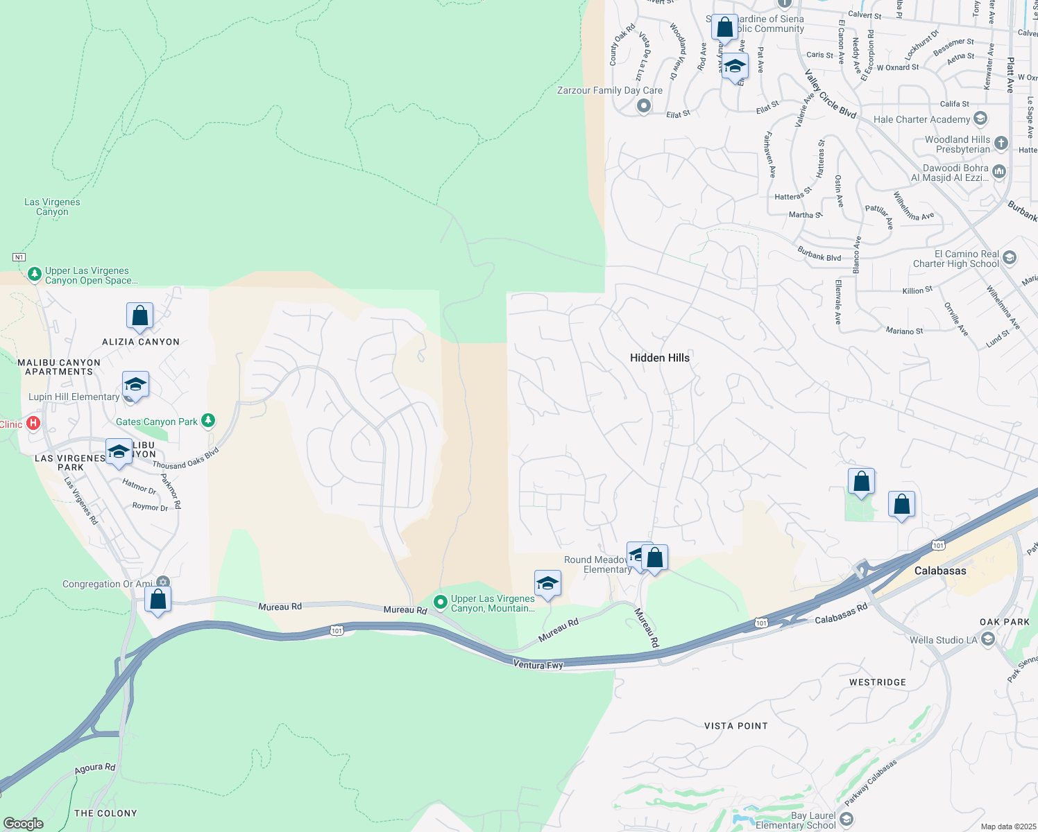 map of restaurants, bars, coffee shops, grocery stores, and more near 5535 Dixon Trail Road in Hidden Hills