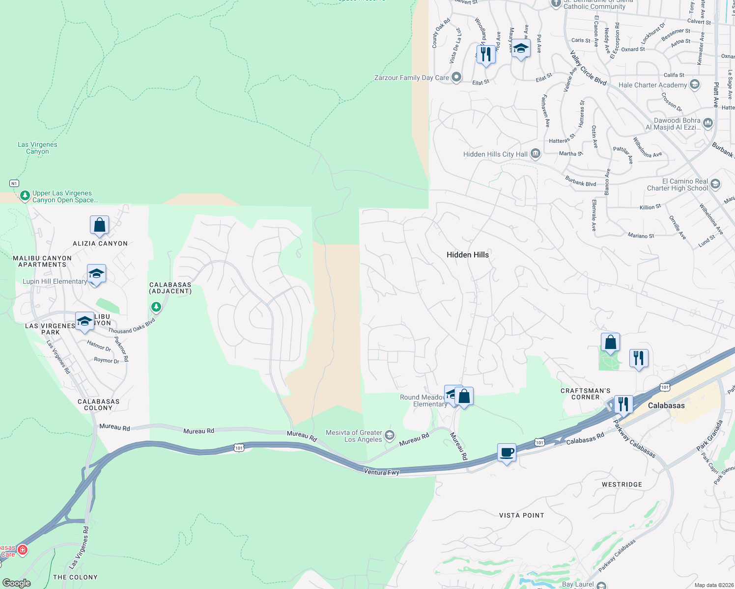 map of restaurants, bars, coffee shops, grocery stores, and more near 5535 Dixon Trail Road in Hidden Hills
