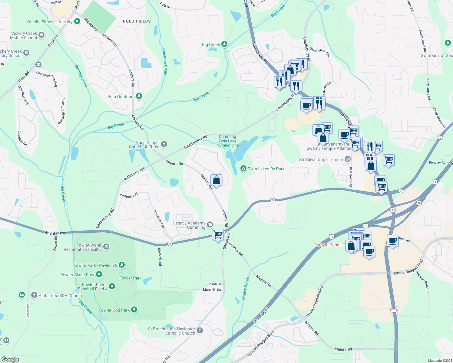 map of restaurants, bars, coffee shops, grocery stores, and more near 6450 Oak Valley Drive in Cumming