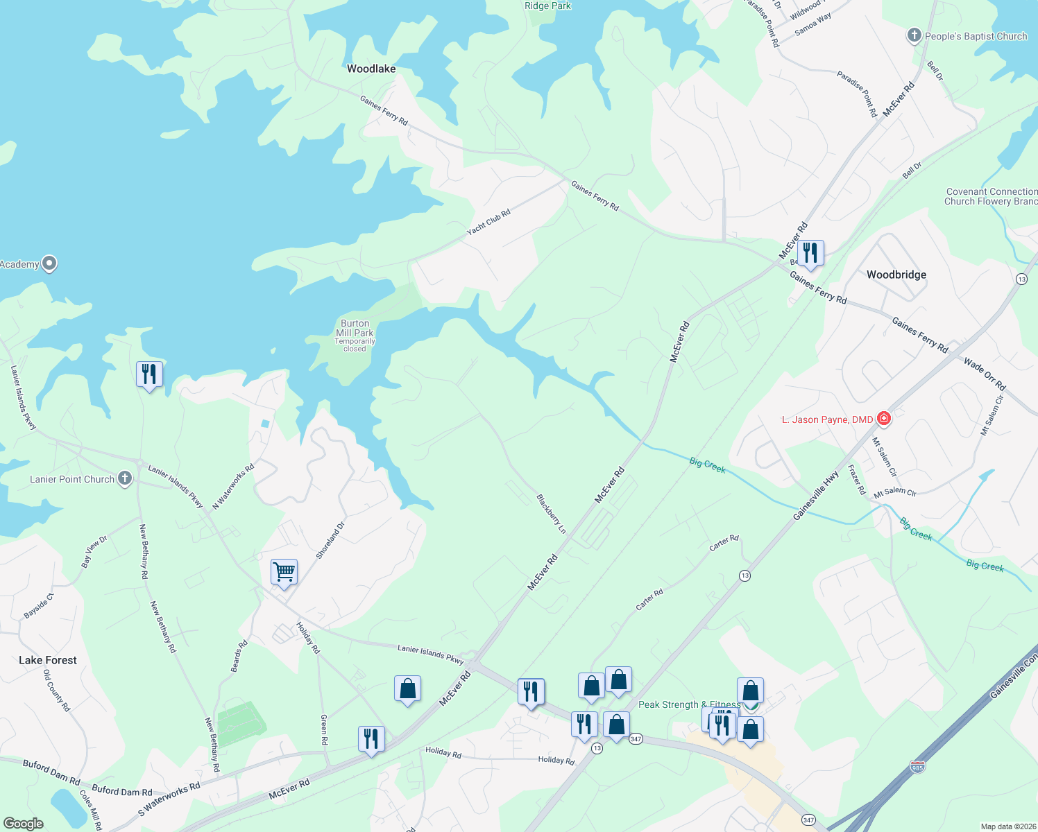 map of restaurants, bars, coffee shops, grocery stores, and more near 5043 Blackberry Lane in Buford
