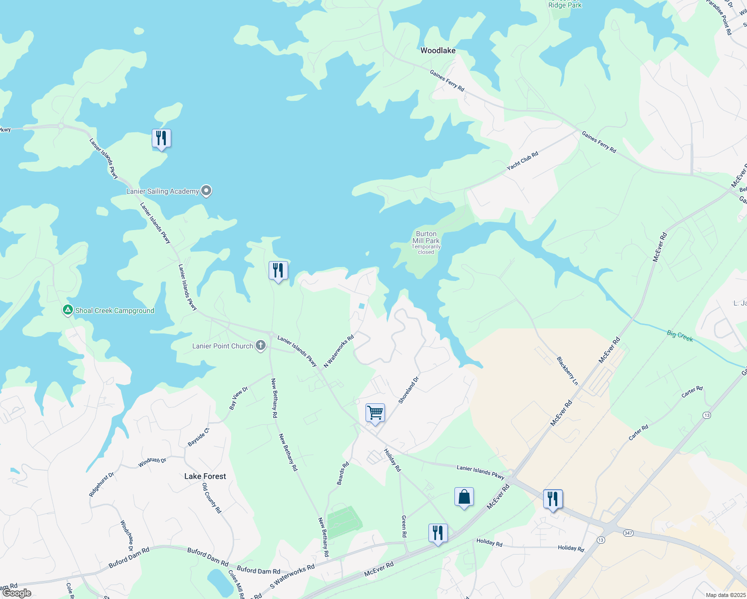 map of restaurants, bars, coffee shops, grocery stores, and more near 3450 North Waterworks Road in Buford