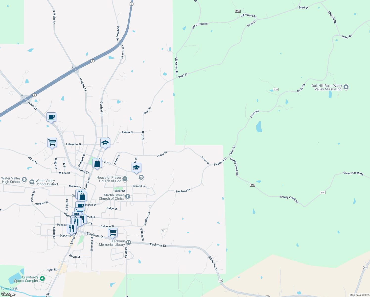 map of restaurants, bars, coffee shops, grocery stores, and more near 397 Jones Street in Water Valley